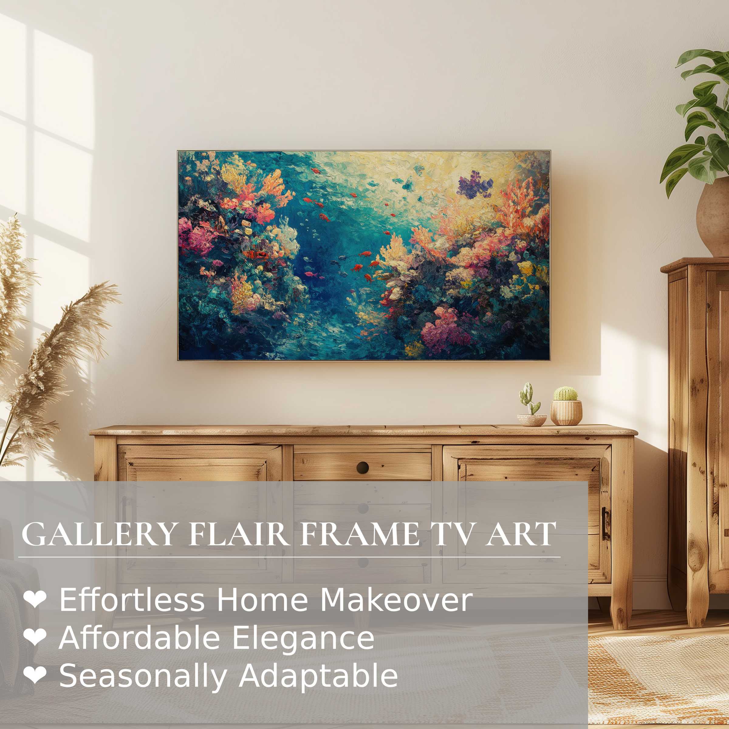 Samsung Frame TV showcasing vibrant coastal digital artwork in a sunlit, rustic-modern living space