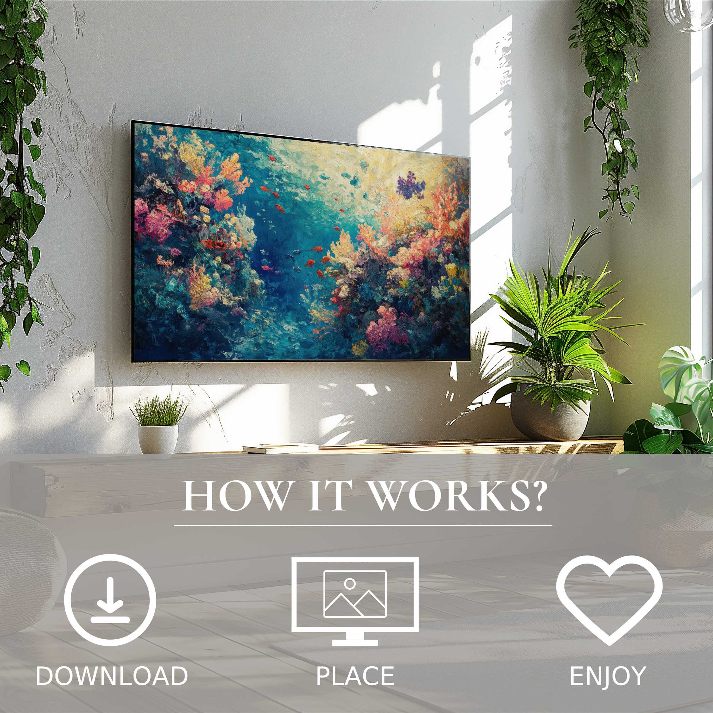 Coastal art for Samsung TV with vibrant coral reef motif, easy digital download that elevates modern living rooms