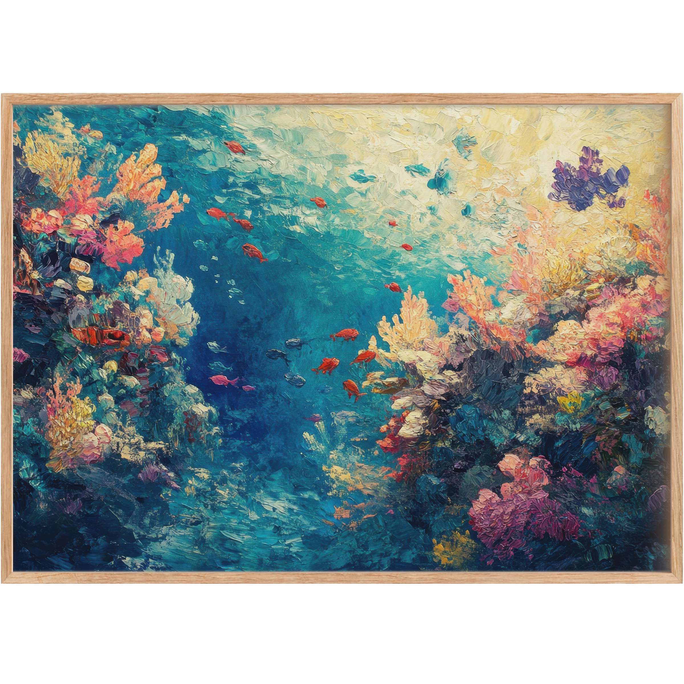 Coastal printable wall art capturing a vibrant underwater reef with radiant blues, coral pinks, and calming golden hues