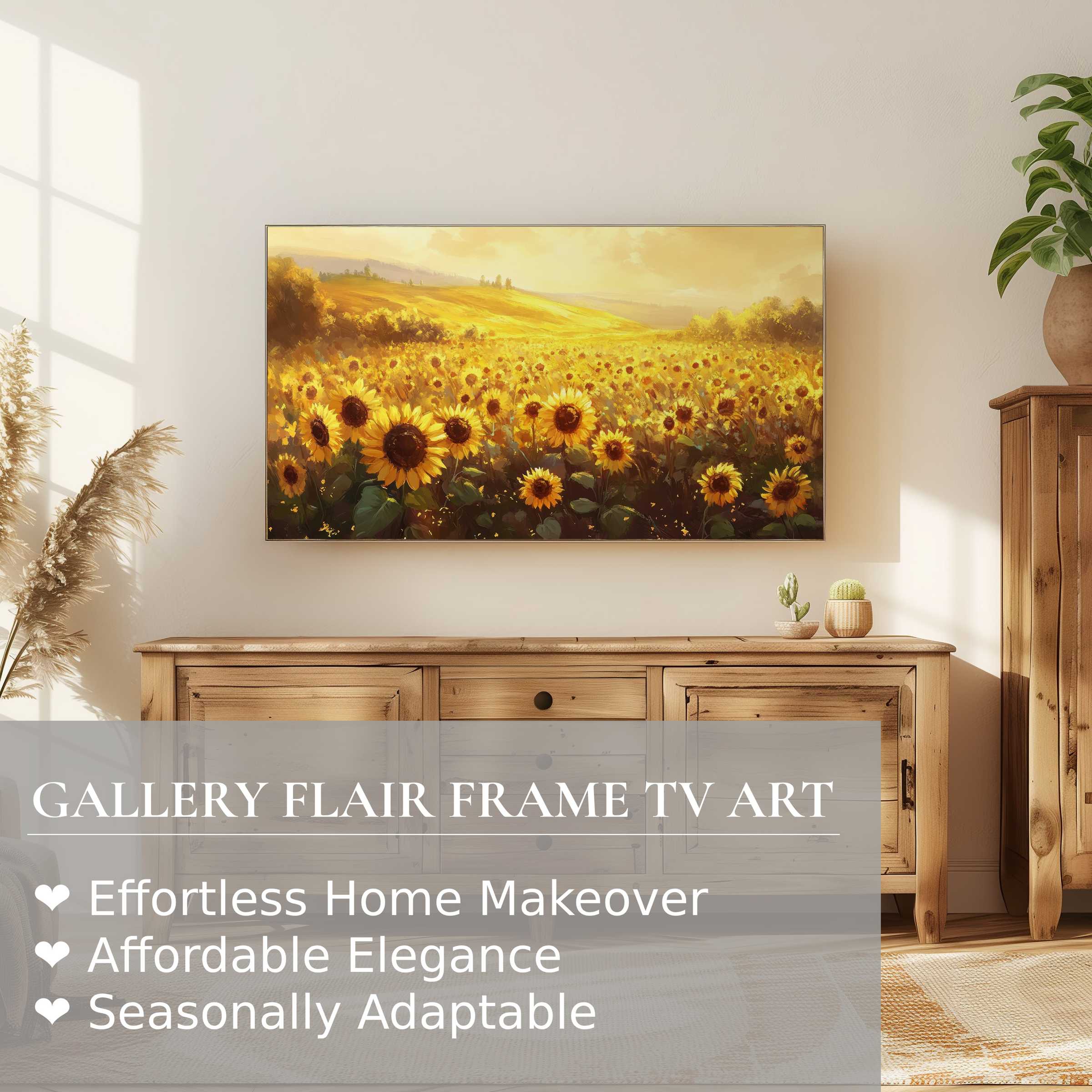 Samsung Frame TV displaying warm, golden landscape digital artwork of sunflowers, perfect for elegant home decor