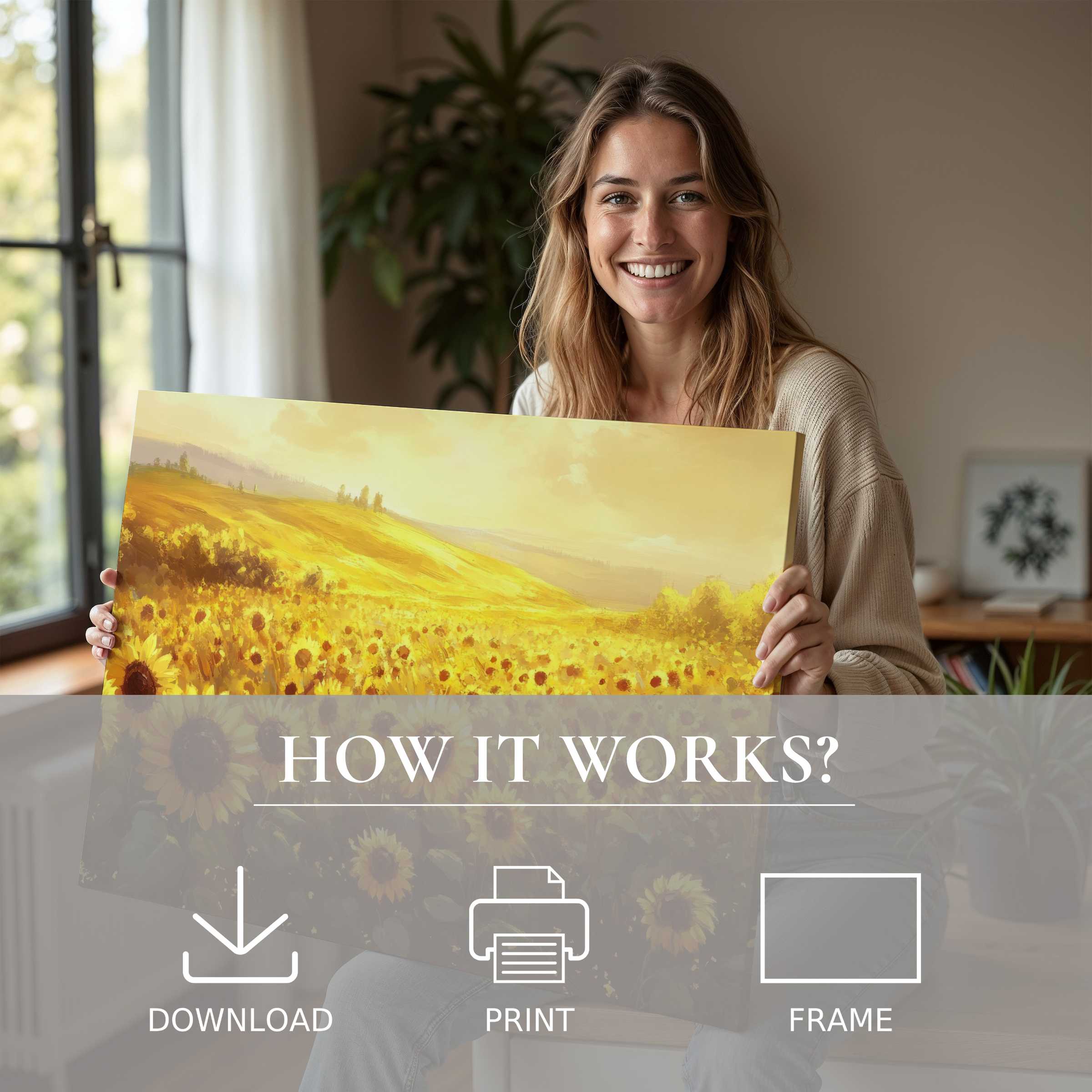 Joyful woman savoring a golden-hued landscape digital art print, celebrating serene beauty and effortless home elegance