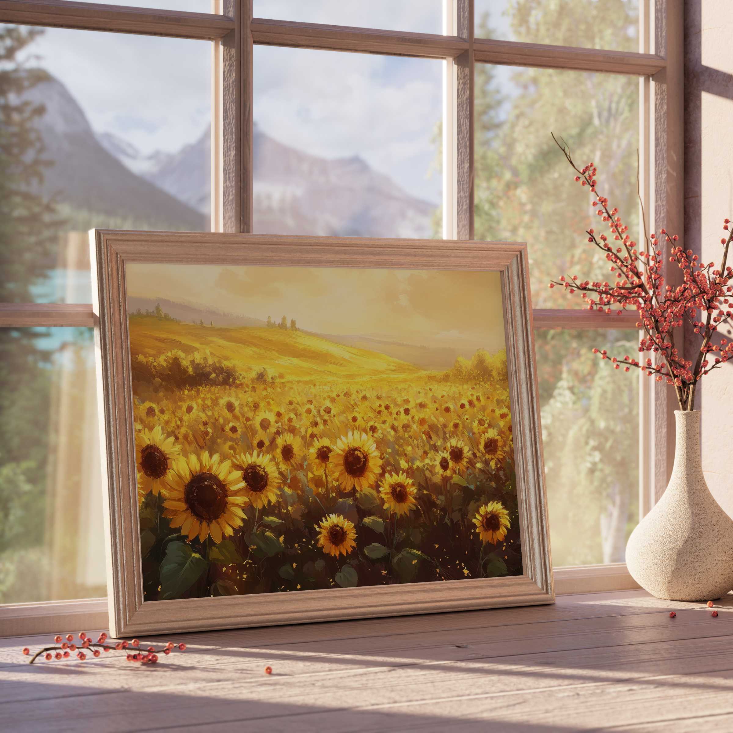 Golden sunflower fields bathed in warm light, a landscape downloadable art to elevate serene, nature-inspired interiors