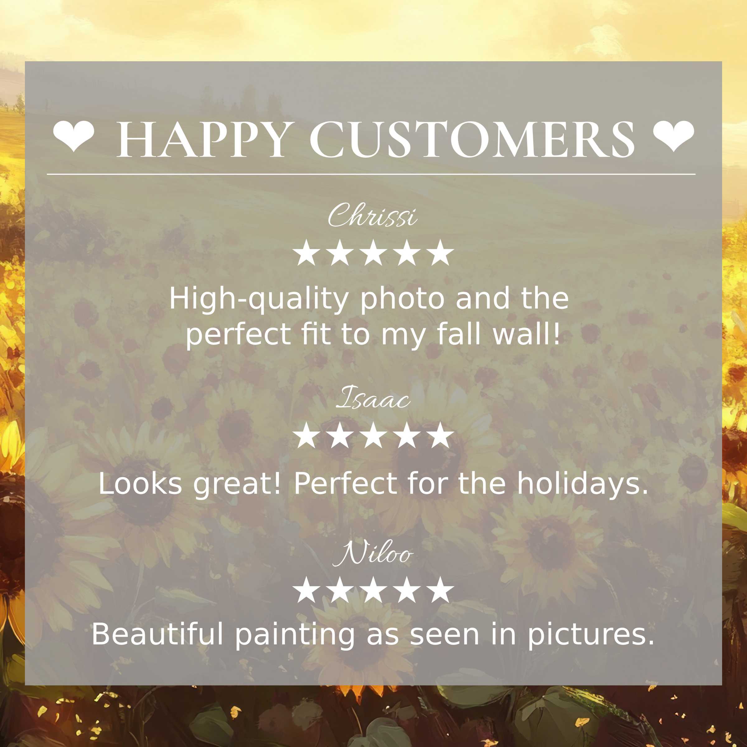 Elegant sunflower landscape art for Frame TV with glowing background; happy customer reviews build trust and style appeal