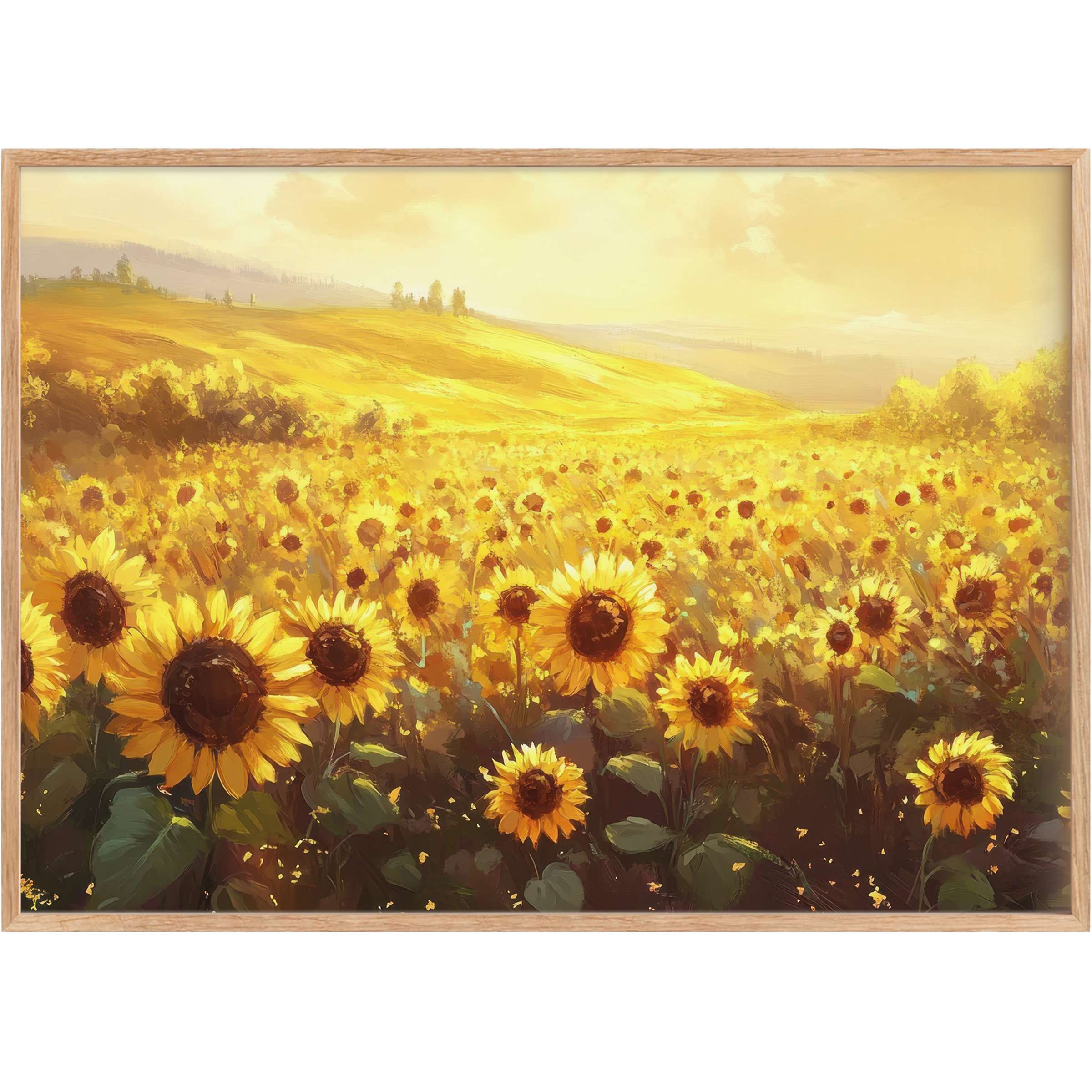Radiant landscape printable wall art featuring a sunlit sunflower field, infusing interiors with warmth and serene golden hues