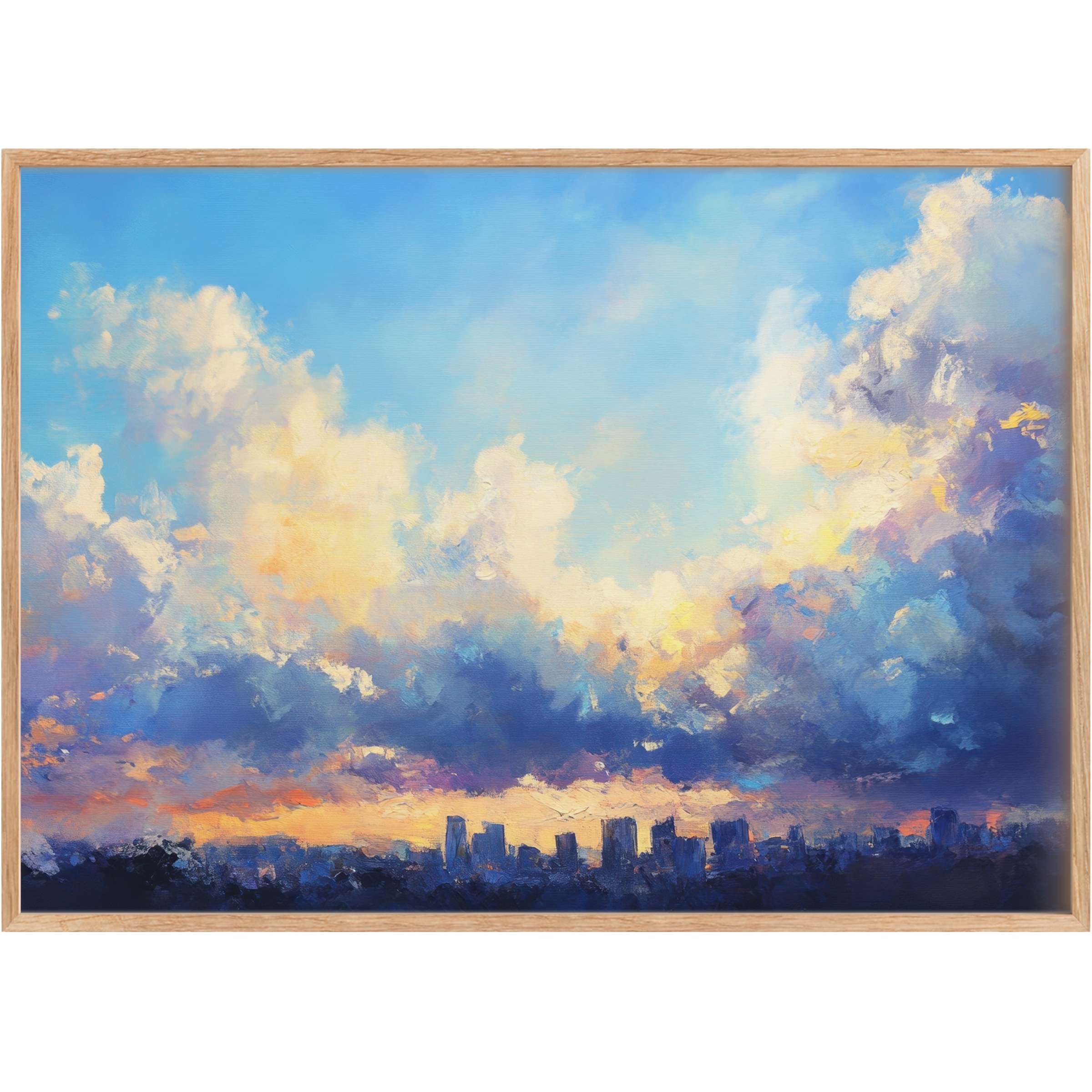 Urban printable wall art capturing a luminous skyline at dusk, where soft golds and deep blues create a serene, inspiring atmosphere