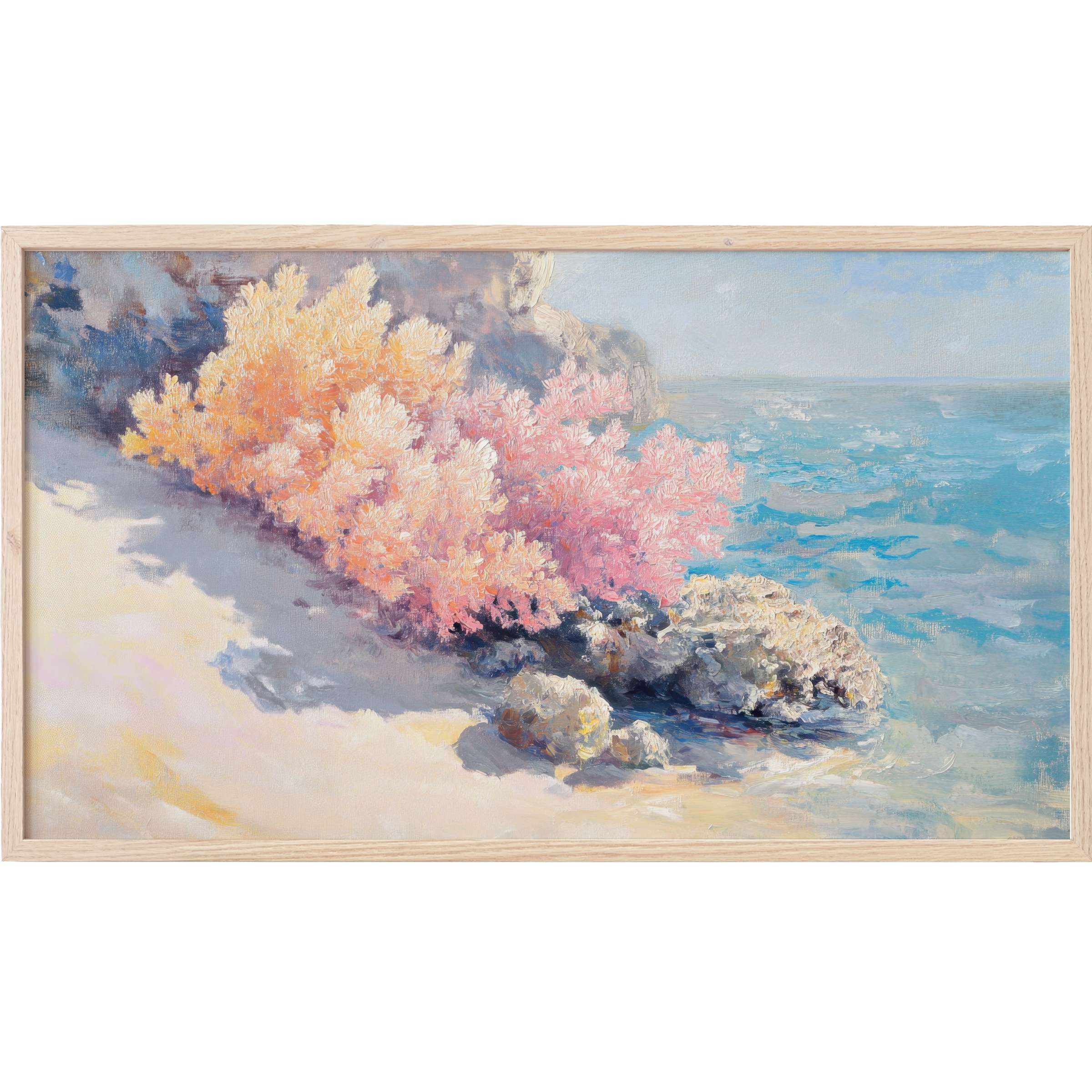 Soft pastel corals beside a serene teal sea on textured canvas, an elegant beach Frame TV Art for refined spaces