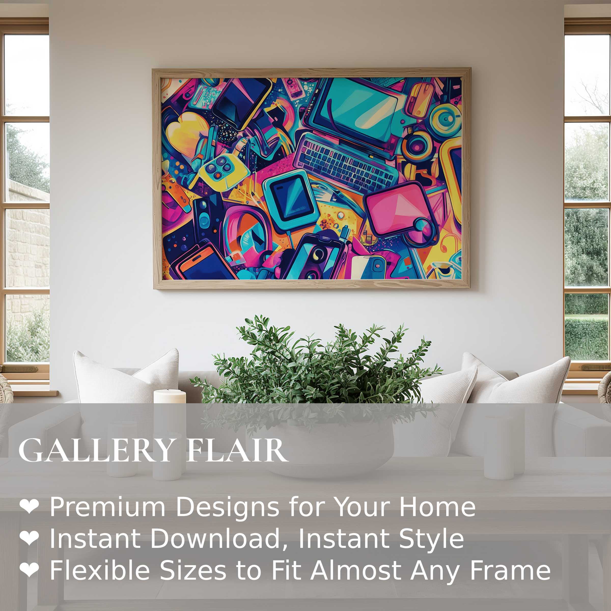 Vibrant pop art wall art print featuring tech-inspired motifs in bold neon hues, elevating this modern minimalist living room