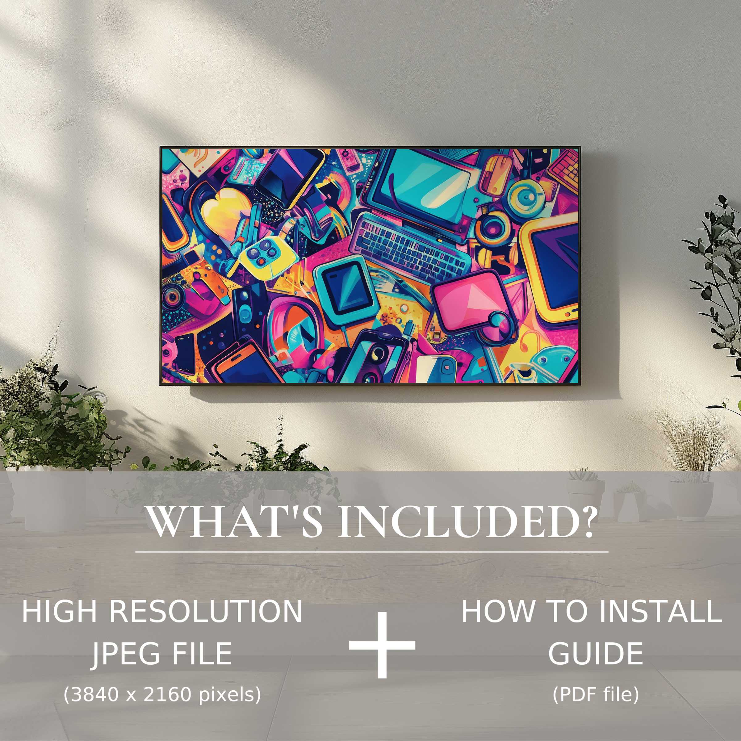 Elegant living space featuring vibrant pop art digital TV art download, easy to use and elevates decor instantly