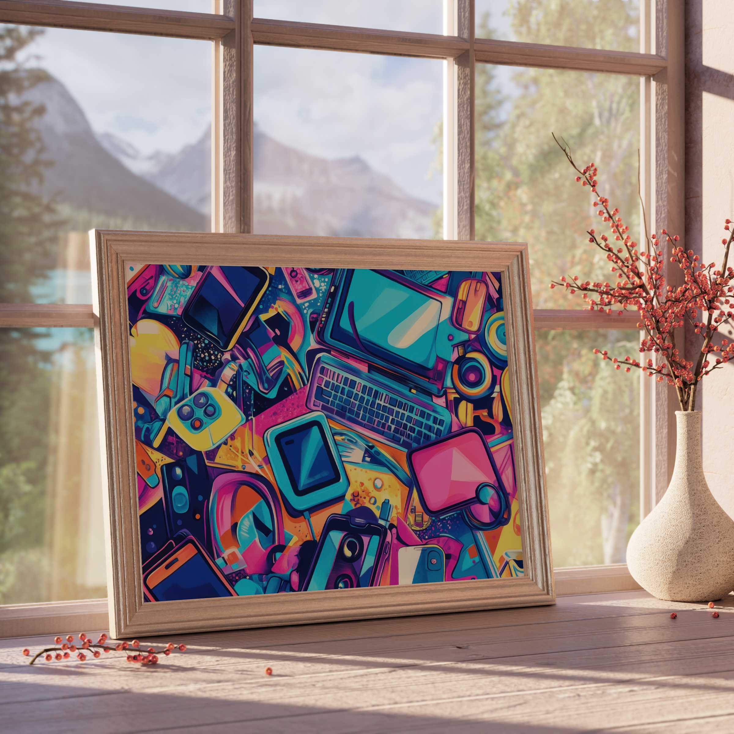 Vibrant pop art downloadable art featuring retro tech icons, infusing curated interiors with dynamic, energetic charm and modern flair