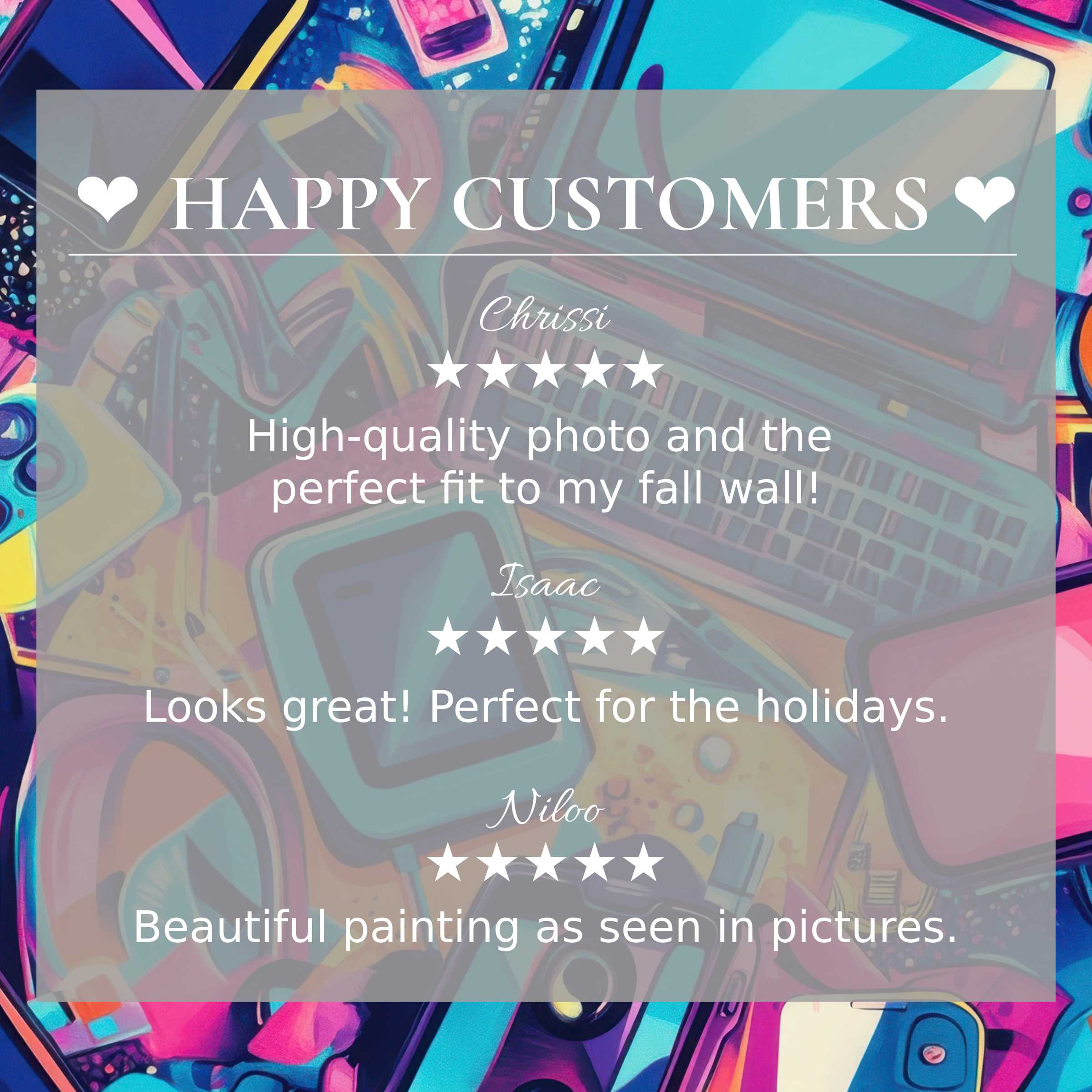 Pop art for Frame TV with abstract sunset hues, showcasing happy customer reviews and elegant, trust-building design