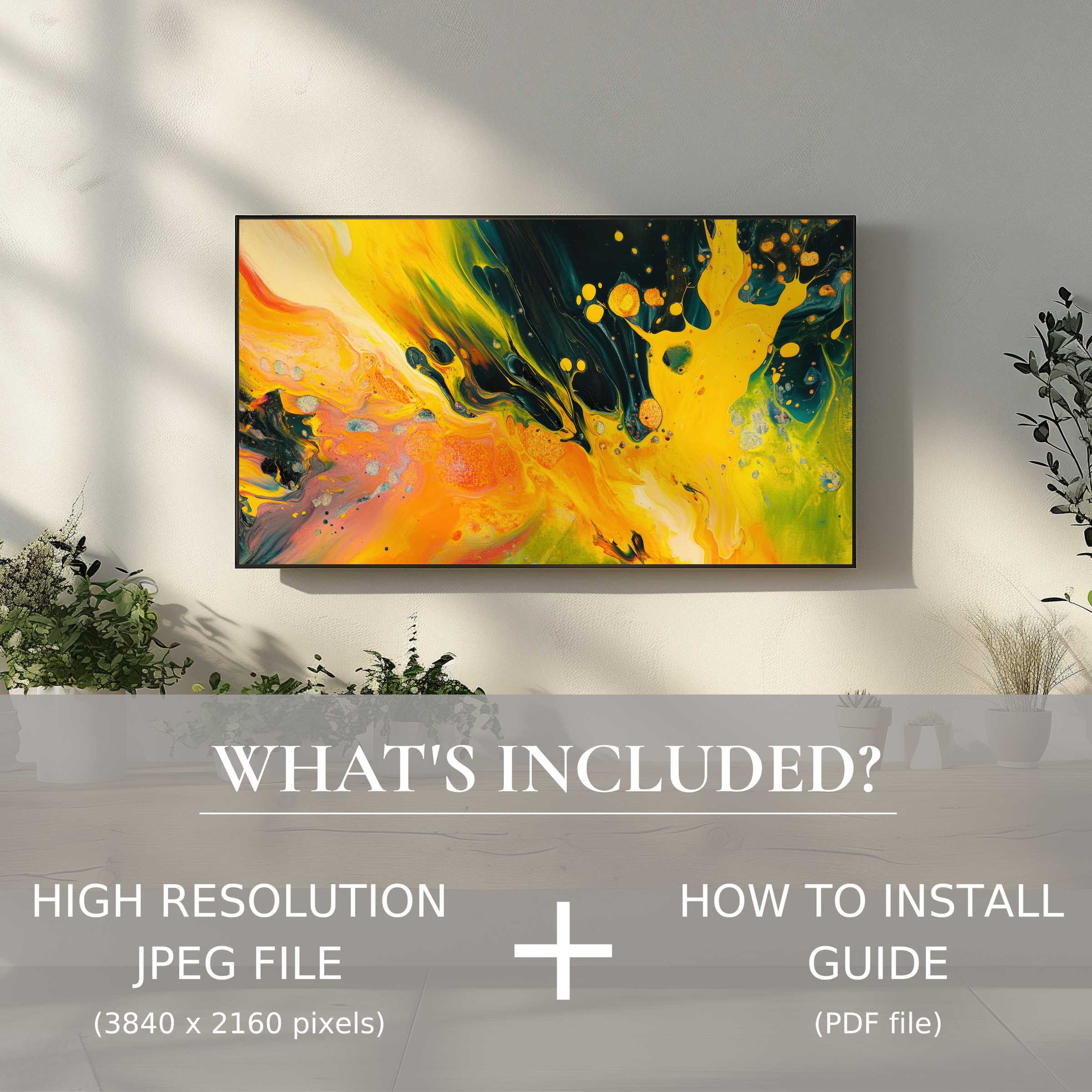 Elegant abstract digital TV art download brightens any space, easy to use for instant modern living room style enhancement