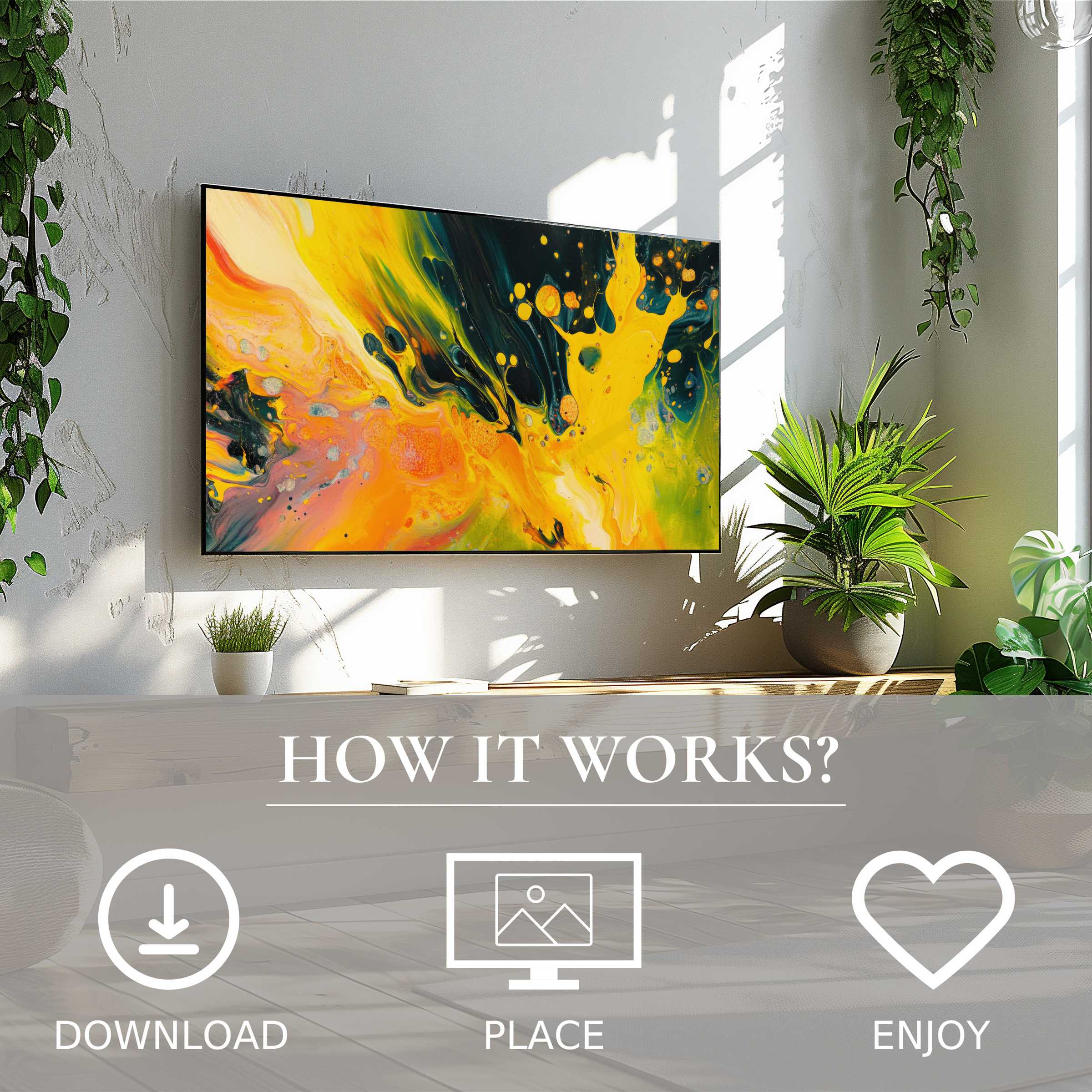 Abstract art for Samsung TV showing vibrant color flow in yellow and orange, easy digital download enhances modern living spaces