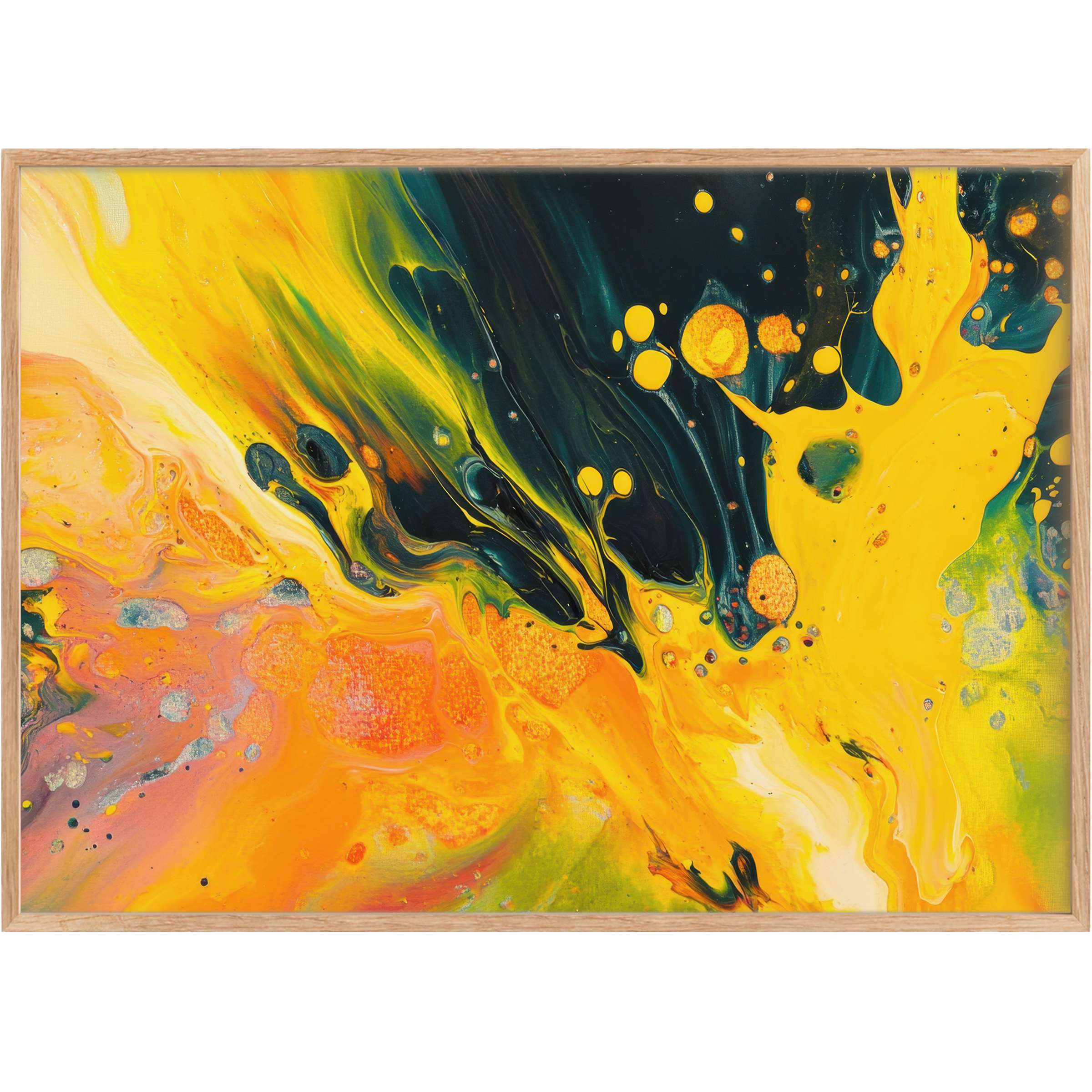 Vibrant abstract printable wall art in bold yellows and deep blues, radiating dynamic energy and modern elegance for chic interiors