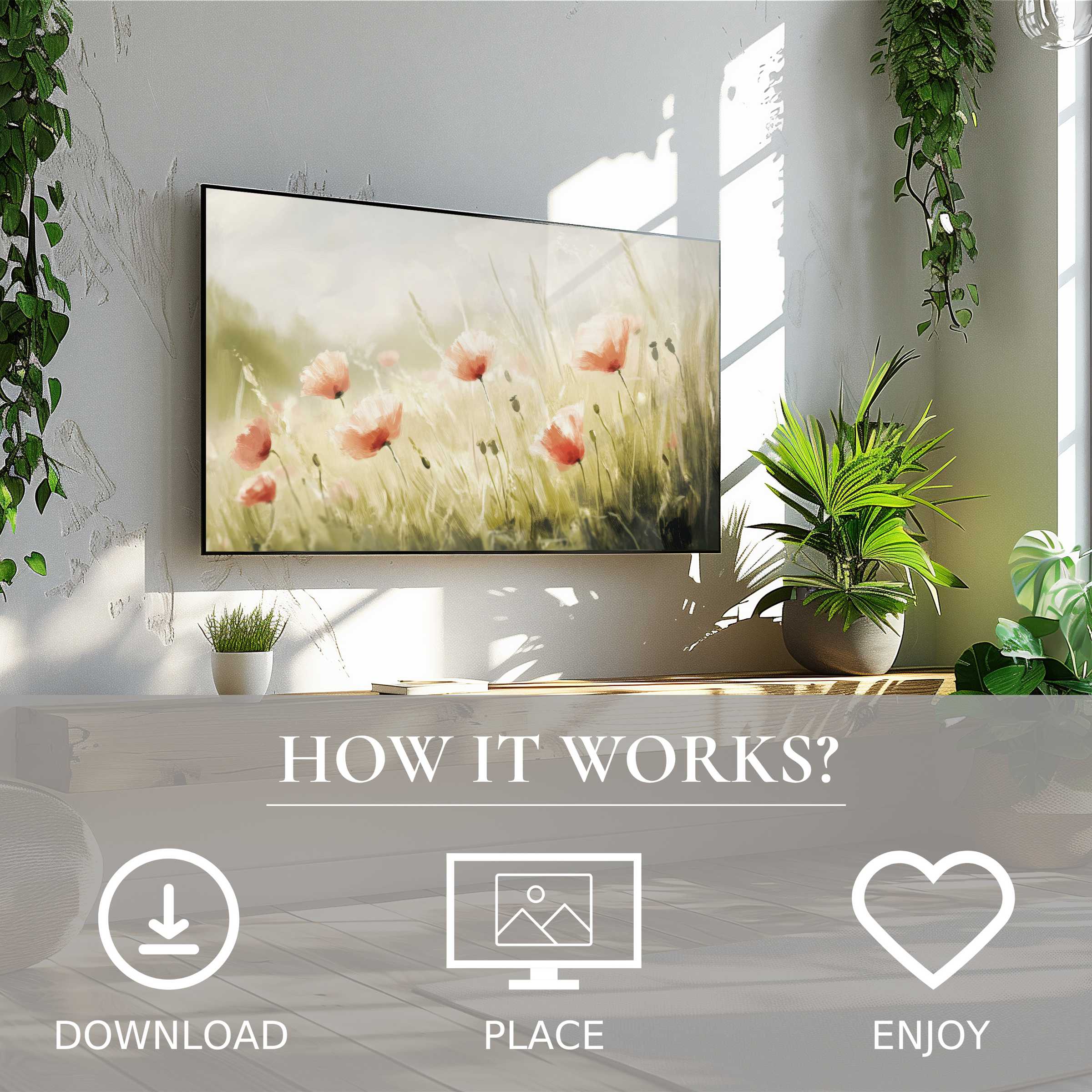 Spring art for Samsung TV shows soft poppy flowers, easy digital download enriches bright, modern living spaces