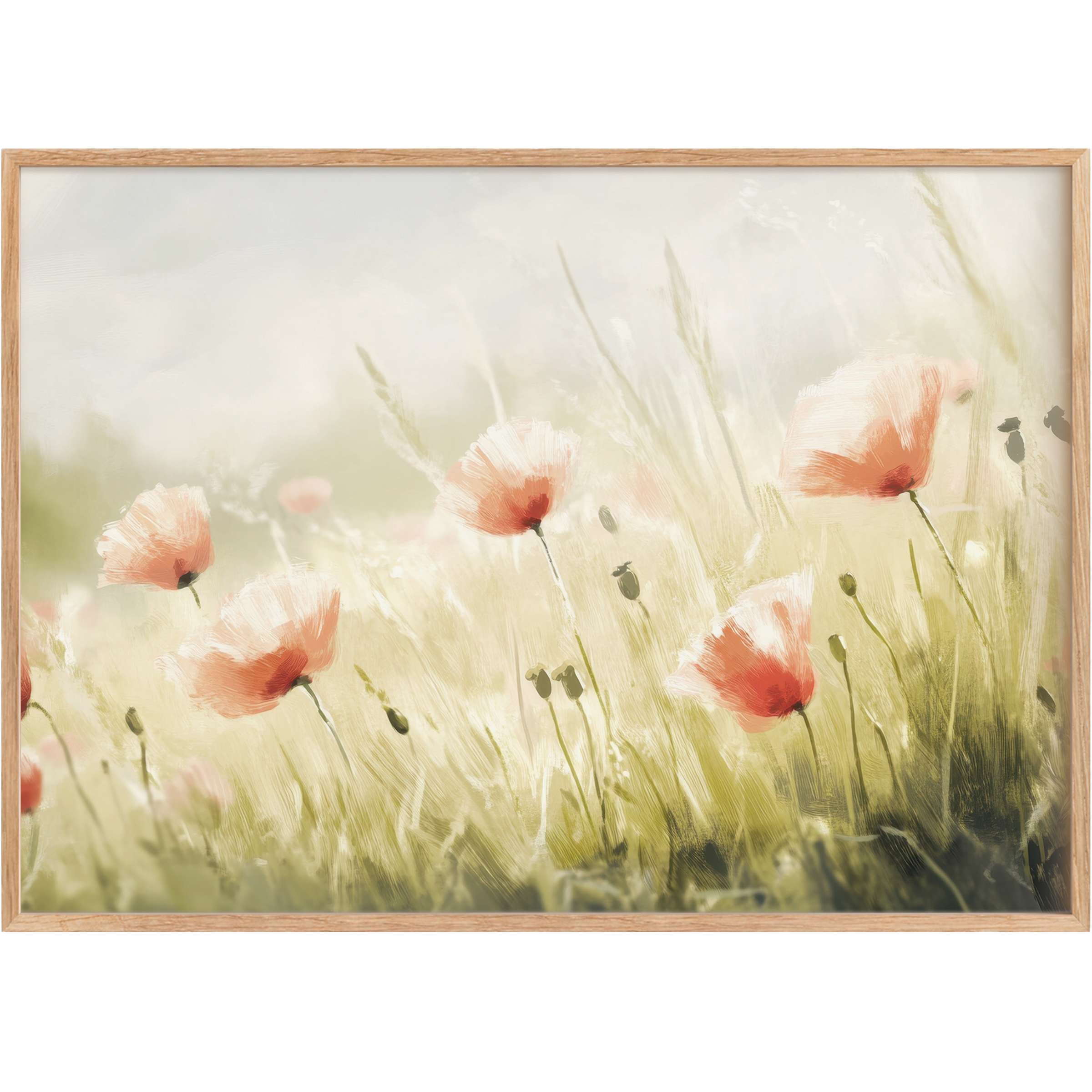 Soft coral blooms sway gently amid pale sage grasses, evoking a serene, airy mood-perfect spring printable wall art to elevate chic interiors