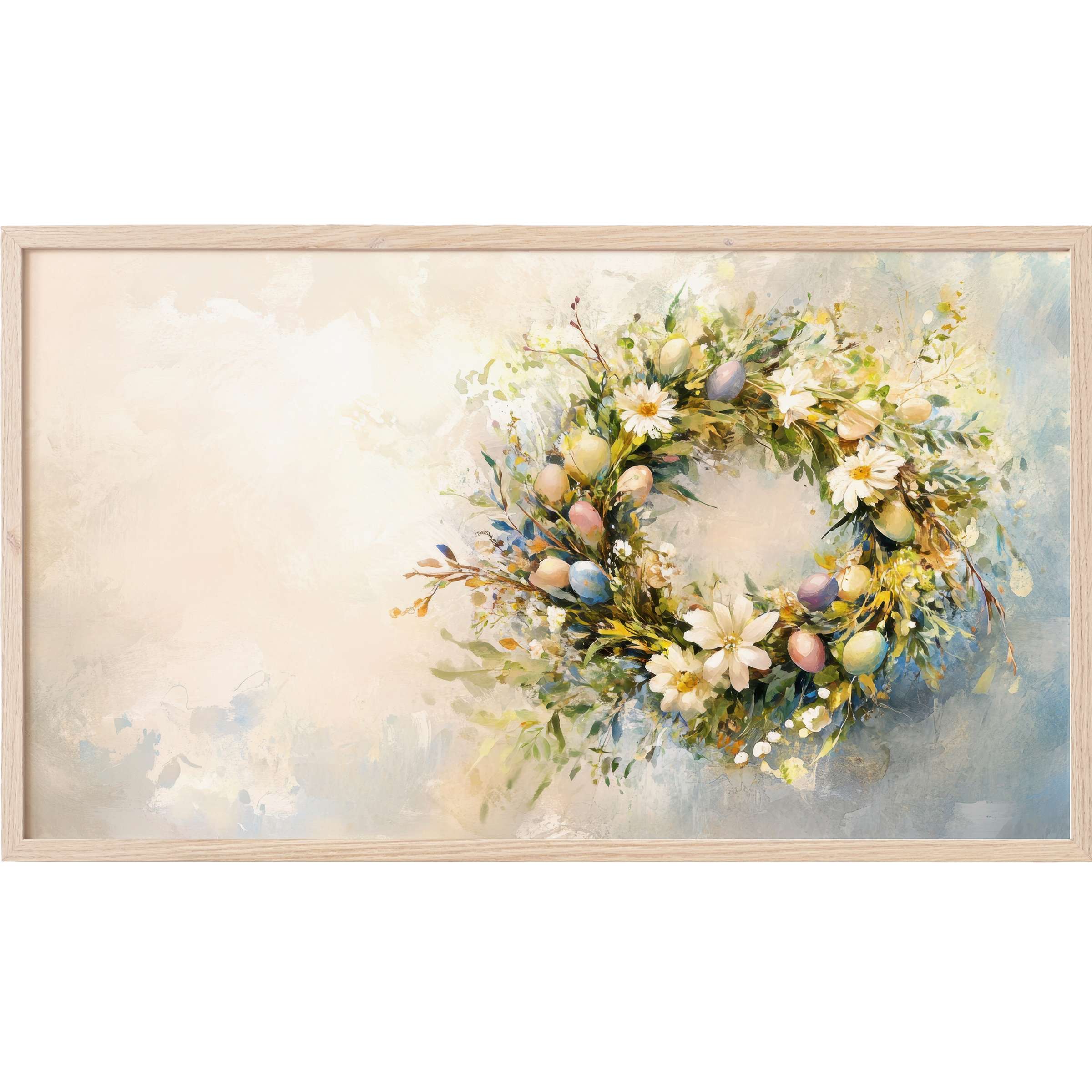 Delicate floral wreath with pastel Easter eggs in soft blues and greens, refined easter Frame TV Art for modern homes