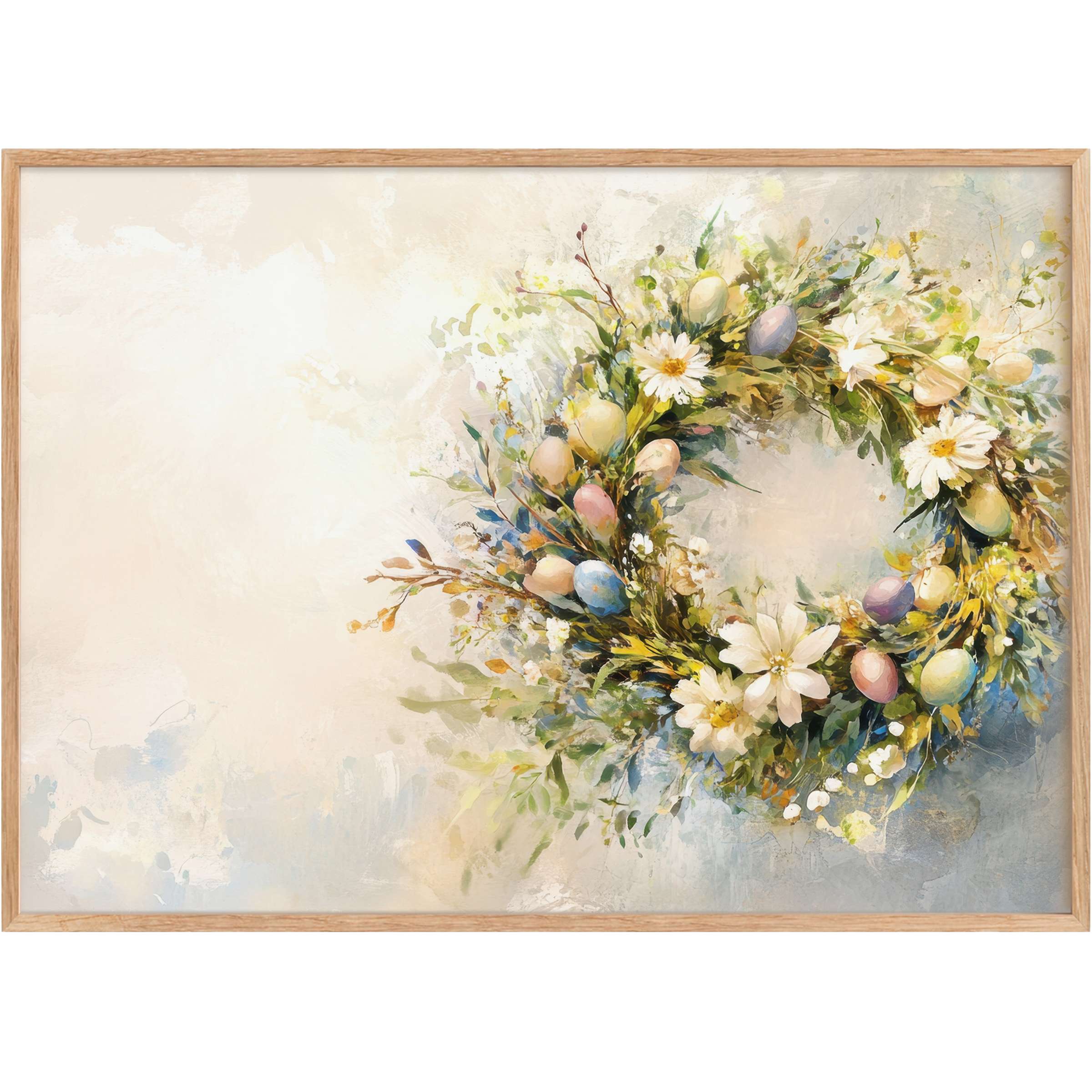 Easter printable wall art featuring a radiant wreath of pastel eggs and soft white blooms, evoking serene spring elegance