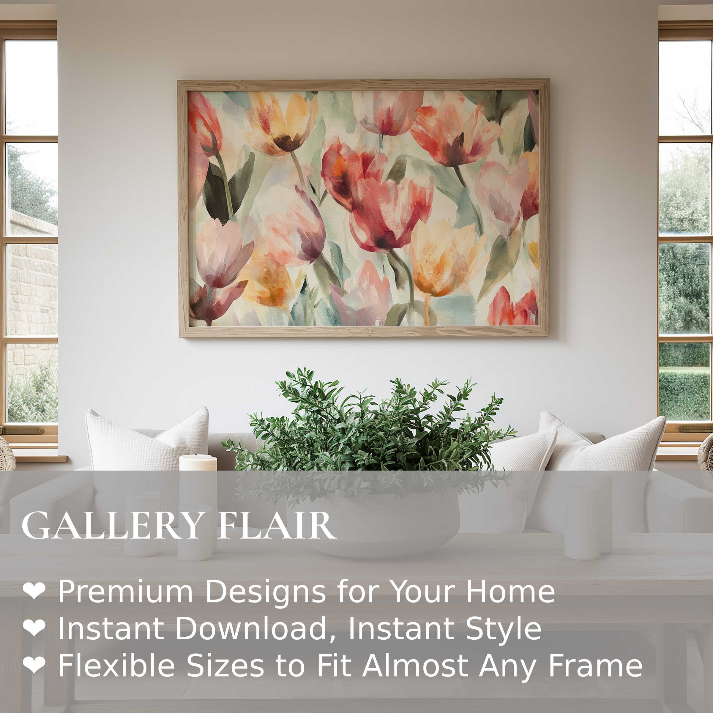 Floral wall art print with radiant watercolor tulips enhancing a serene, modern farmhouse living space with soft, natural elegance
