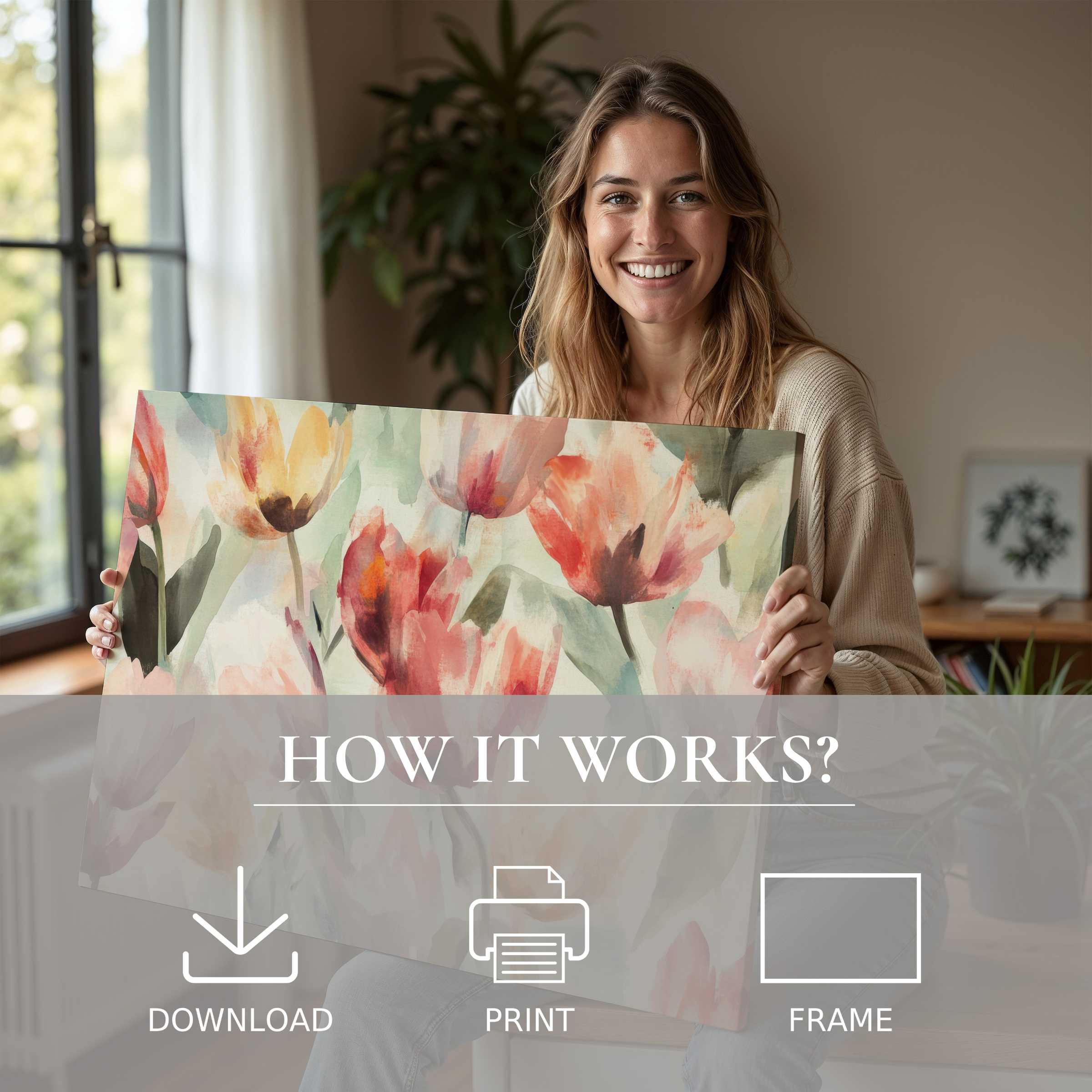 A radiant moment of connection and joy with a floral digital art print, bringing serene warmth and effortless elegance into modern living