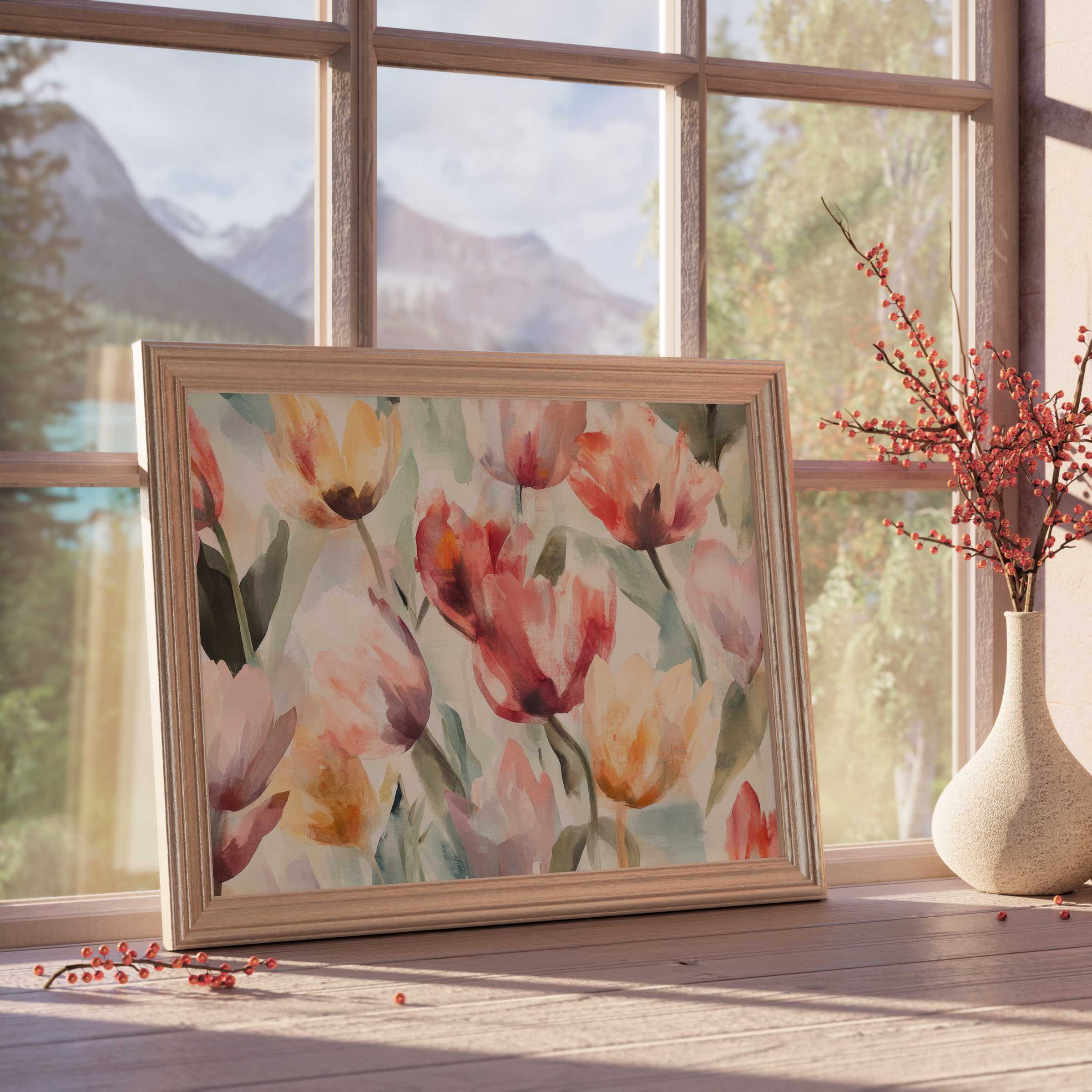 Elegant floral downloadable art featuring soft watercolor tulips in warm hues, perfect for serene, design-forward interiors