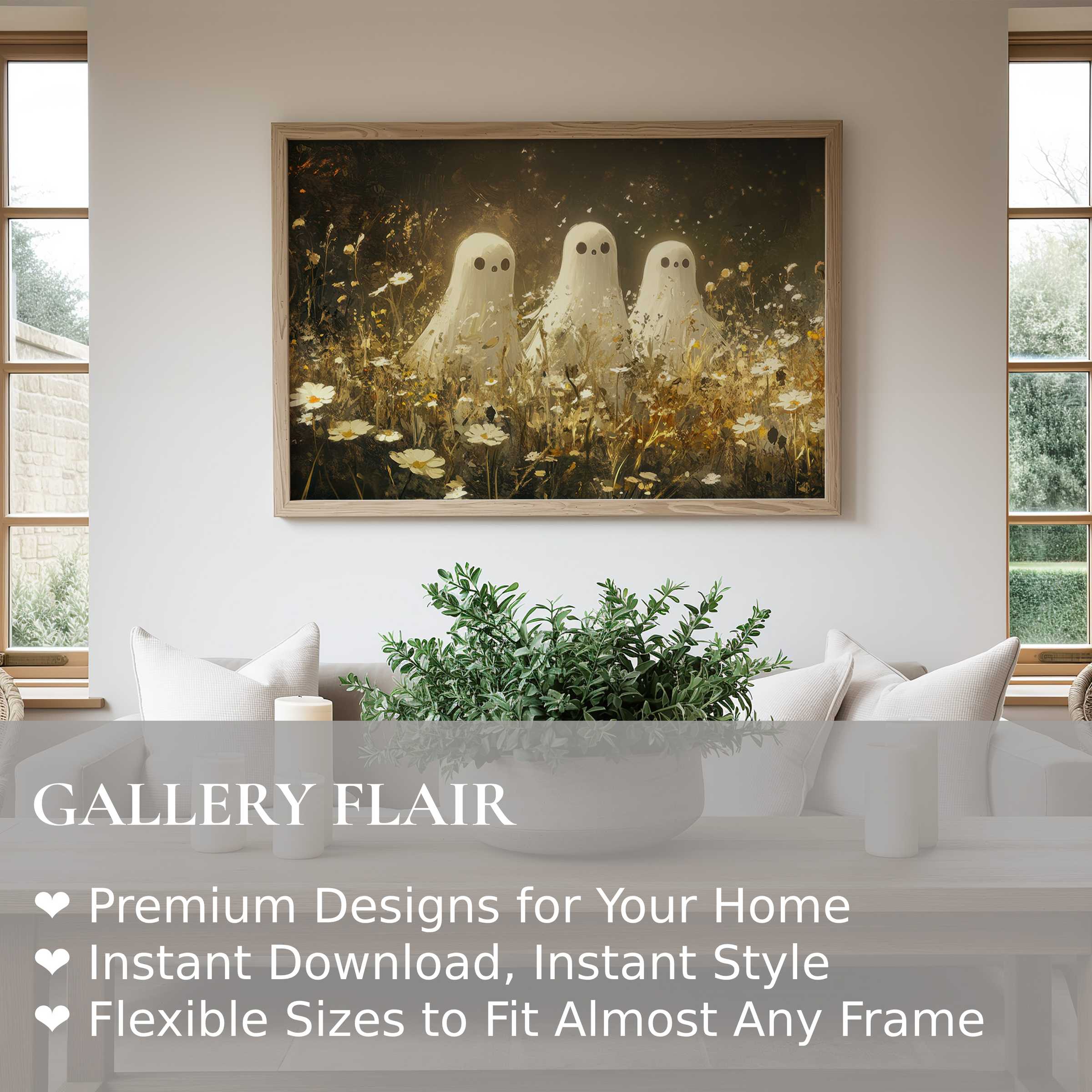 Halloween wall art print featuring whimsical ghosts in a radiant wildflower meadow, perfect for elevating modern, cozy living spaces