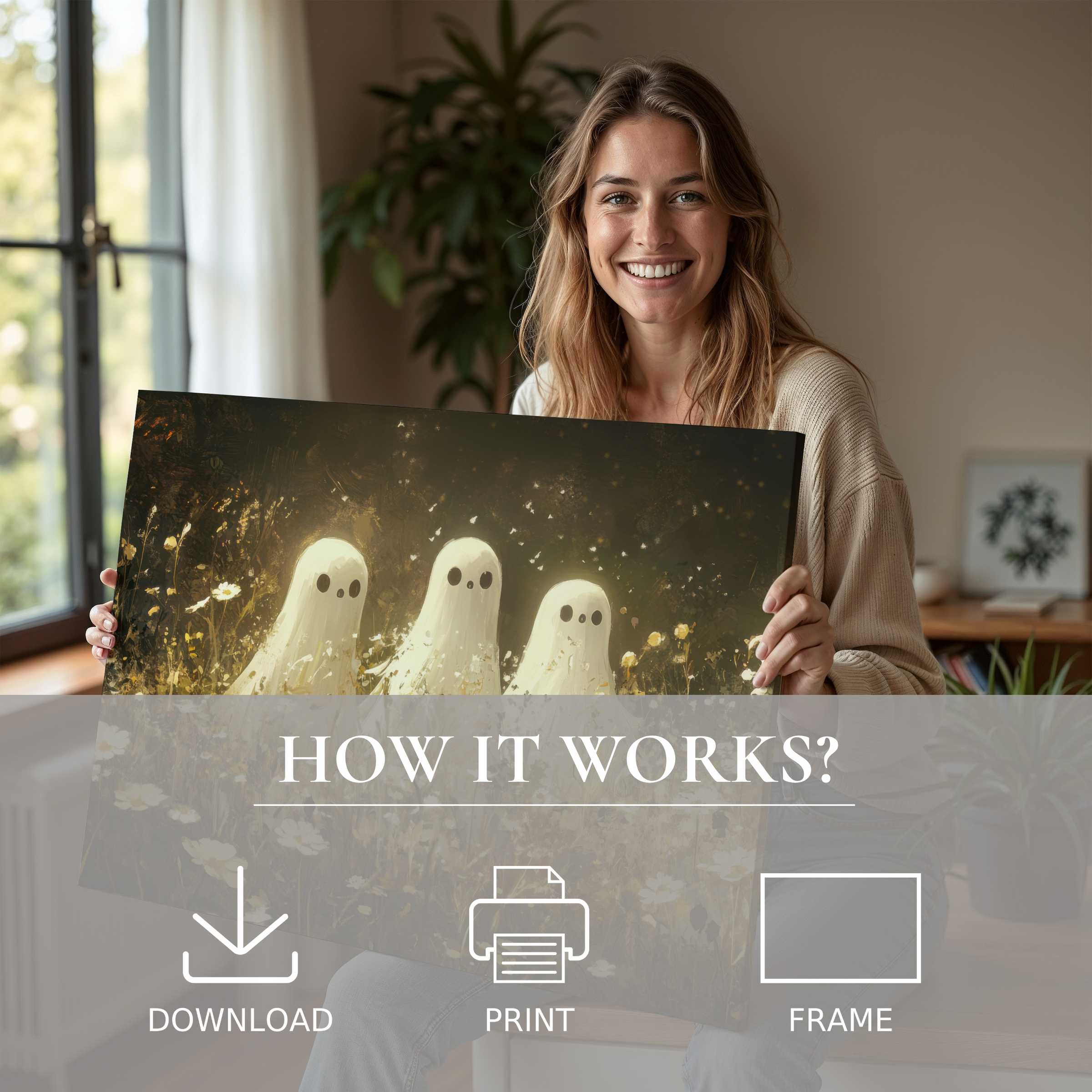 Serene moment in a stylish home where a warm halloween digital art print brings joy and effortless charm to living spaces