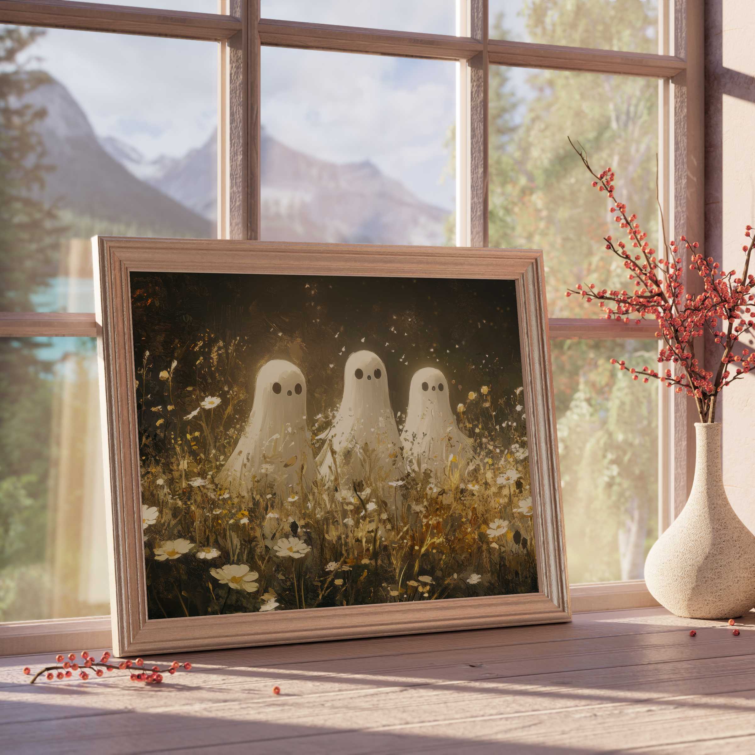 Enchanting Halloween downloadable art featuring three whimsical ghosts amid warm amber wildflowers, perfect for curated, tranquil interiors