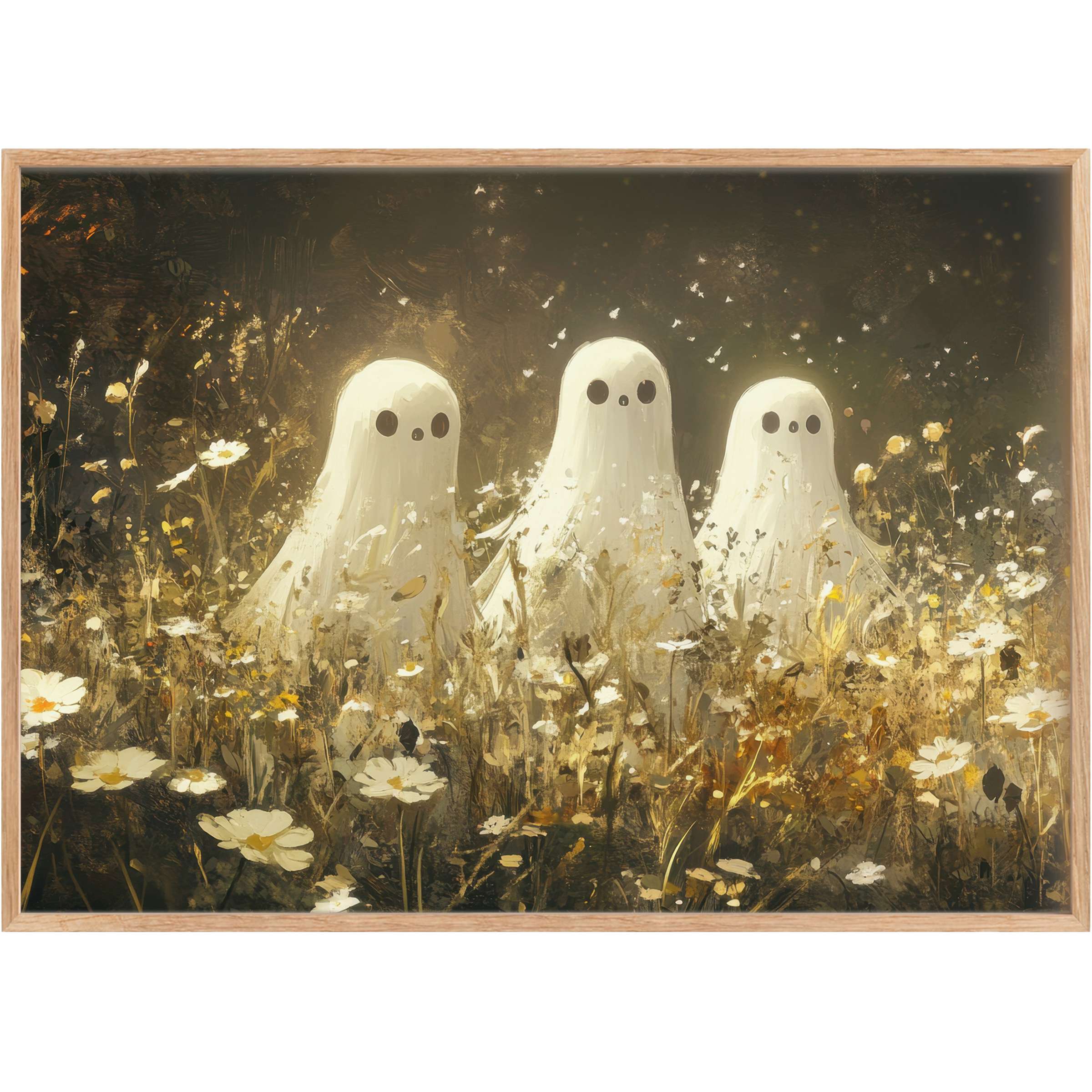 Ethereal Halloween printable wall art with gentle ghosts in golden wildflowers, evoking a warm, whimsical twilight glow