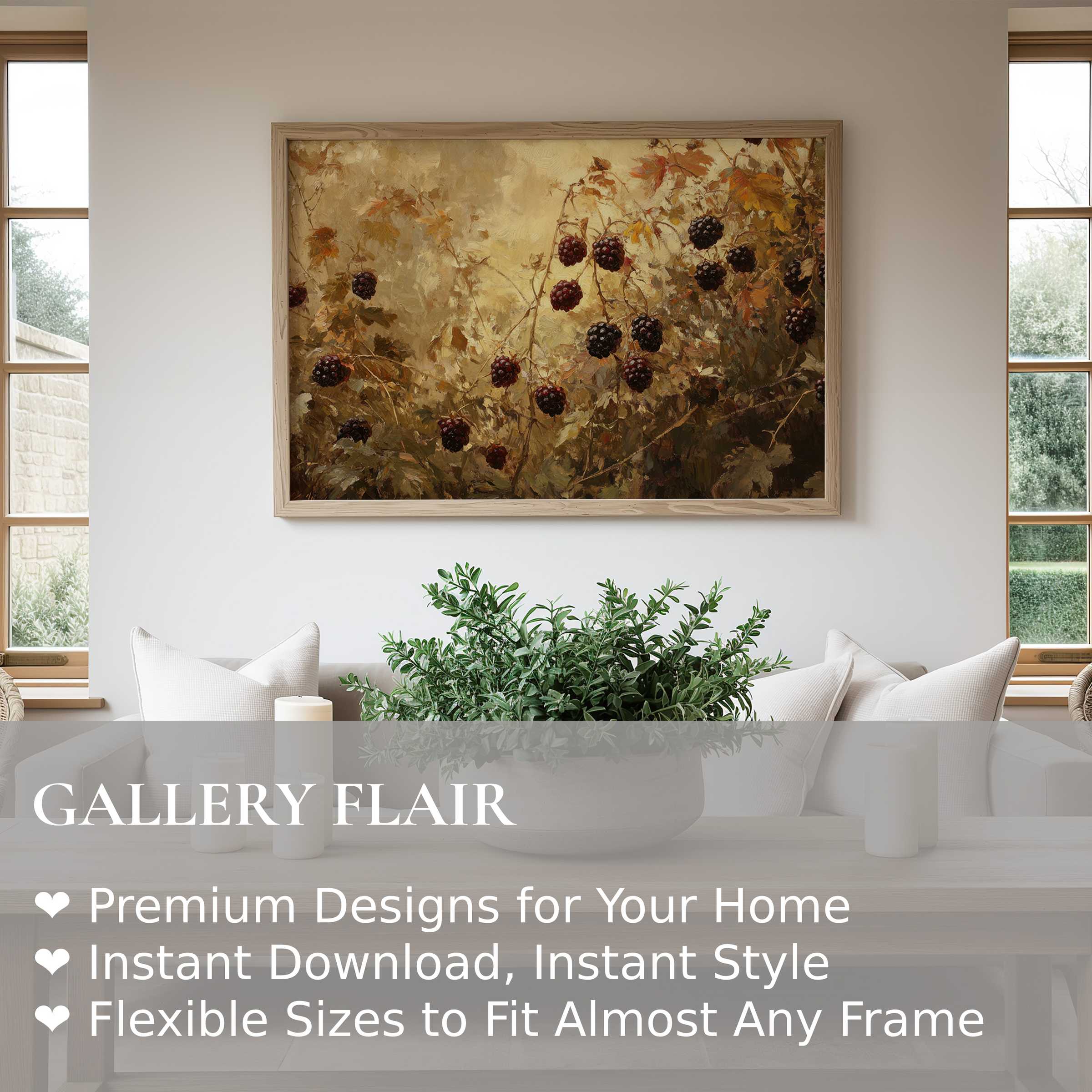 Botanical wall art print featuring ripe blackberries in warm autumn tones, enhancing a modern minimalist living space with organic elegance