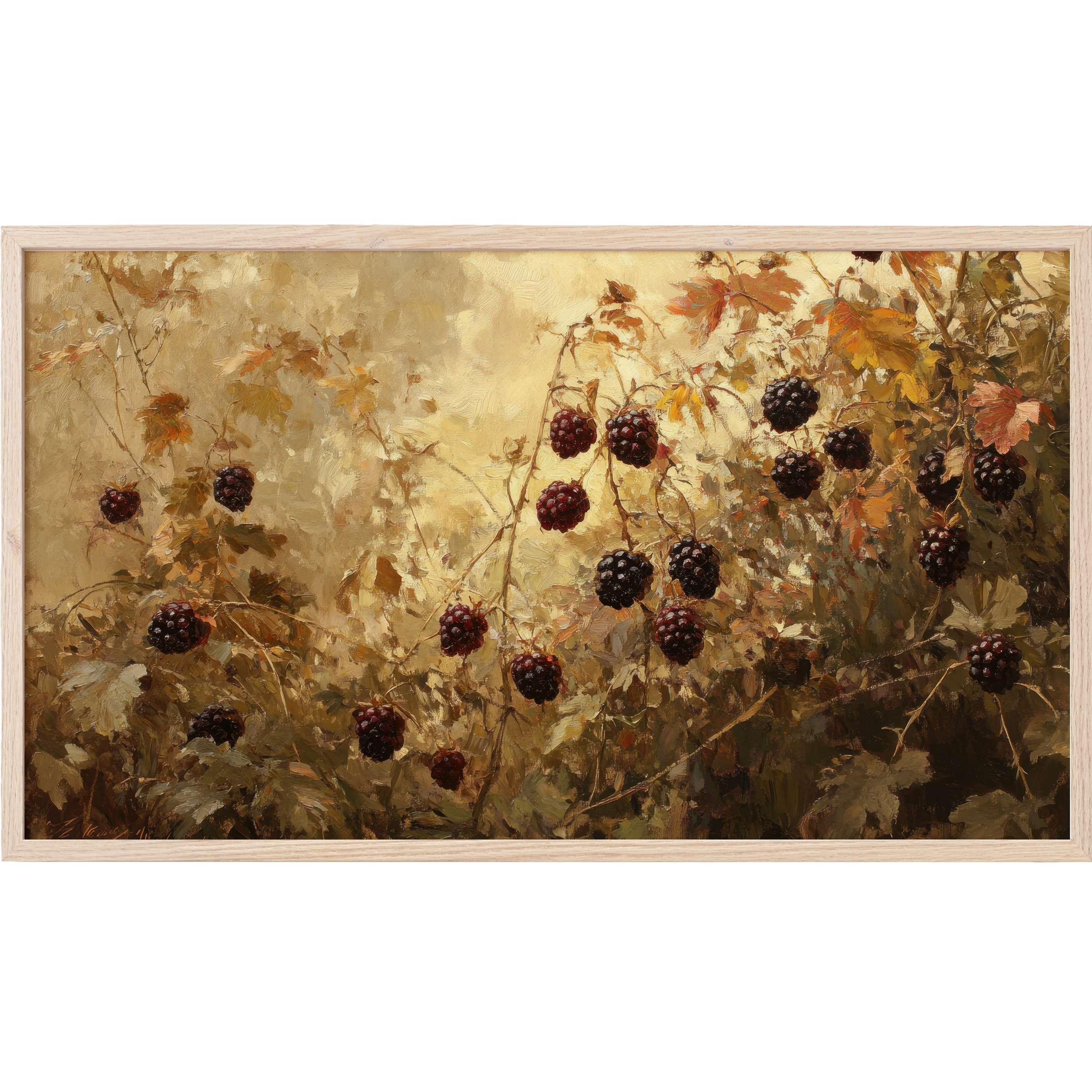 Elegant botanical Frame TV Art featuring ripe blackberries with warm amber and earthy green tones in a painterly style