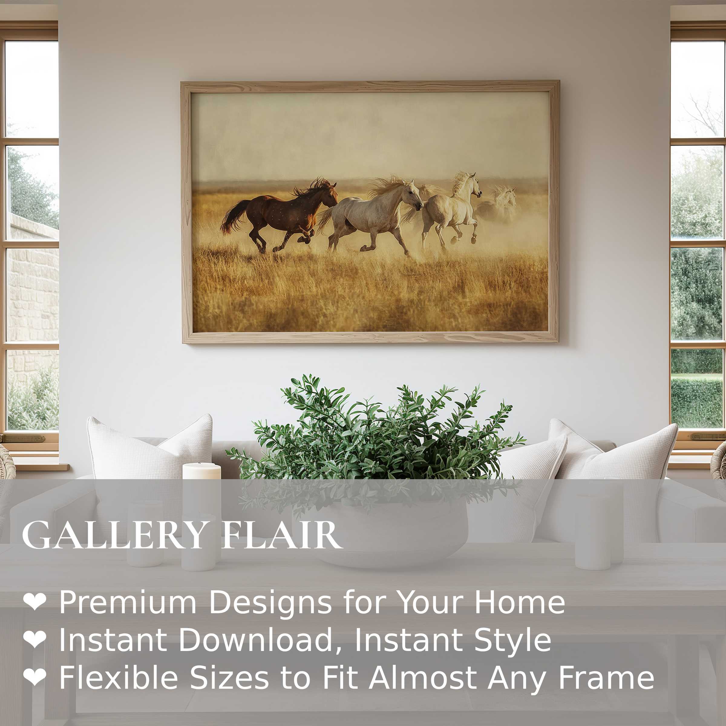 Vintage wall art print of wild horses in a sunlit meadow, blending rustic charm with modern minimalism to enhance serene living spaces