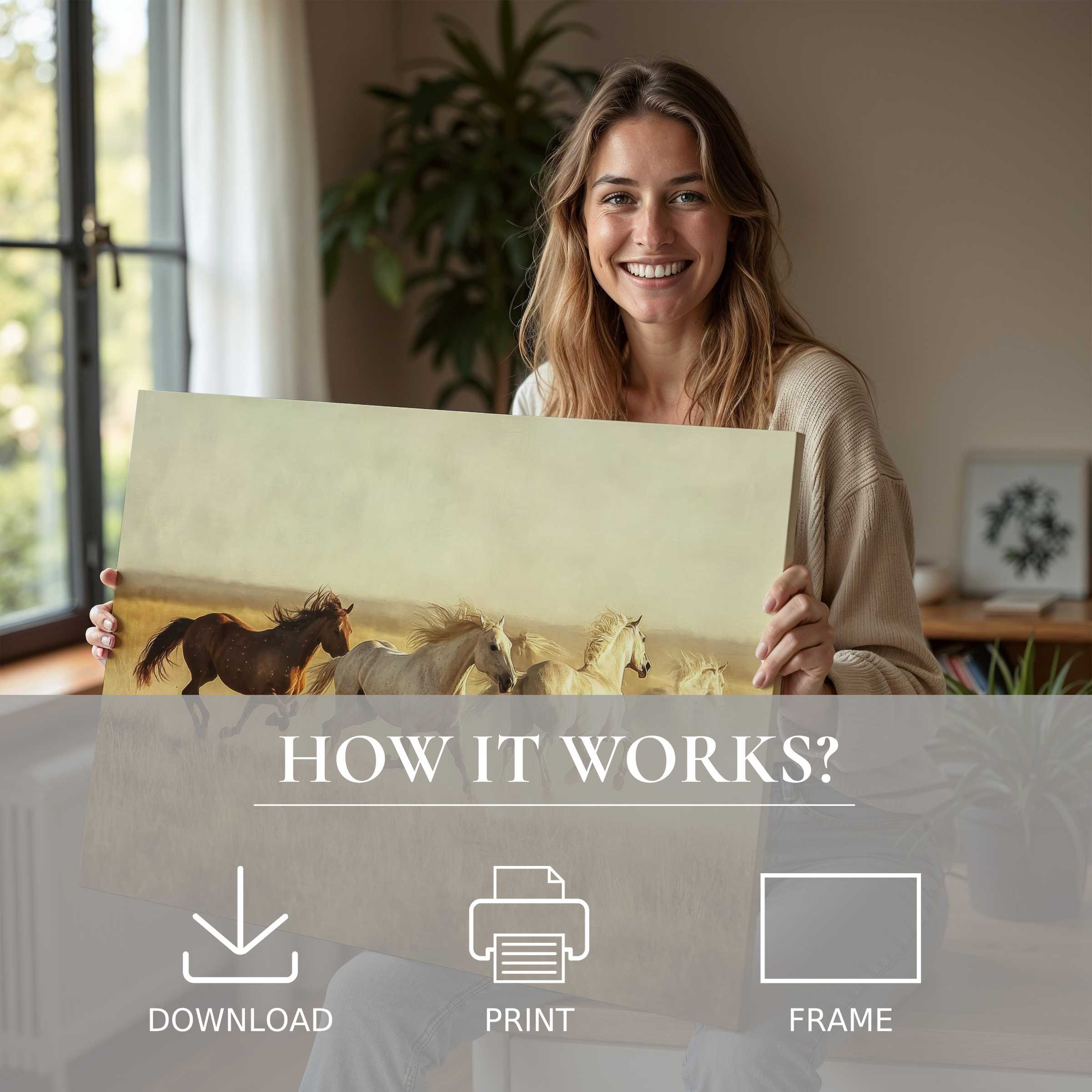 Joyful woman embracing vintage digital art print of galloping horses, bringing timeless beauty and warmth to a chic home