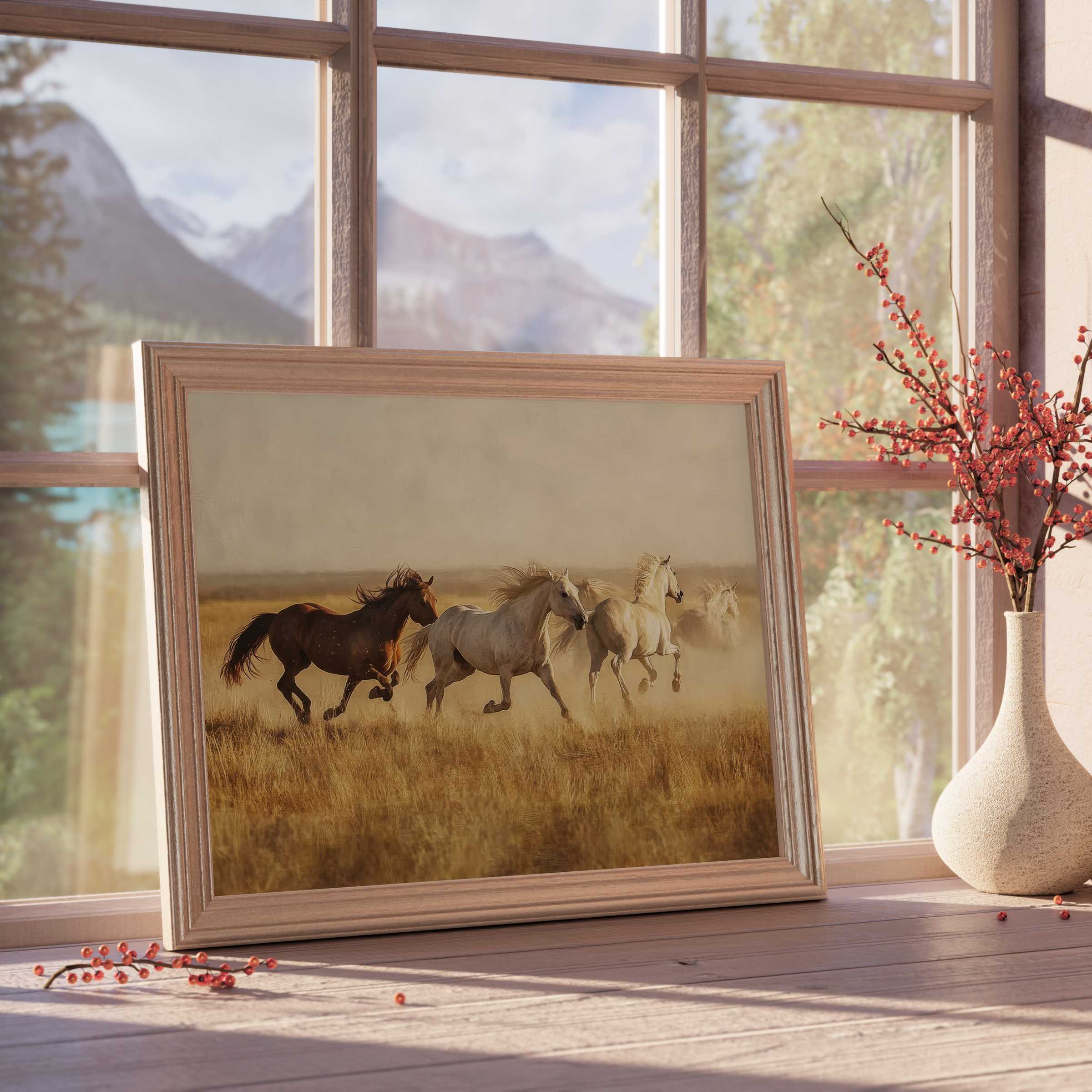 Vintage downloadable art of wild horses in motion, framed with warm natural light, elevating serene, curated interiors