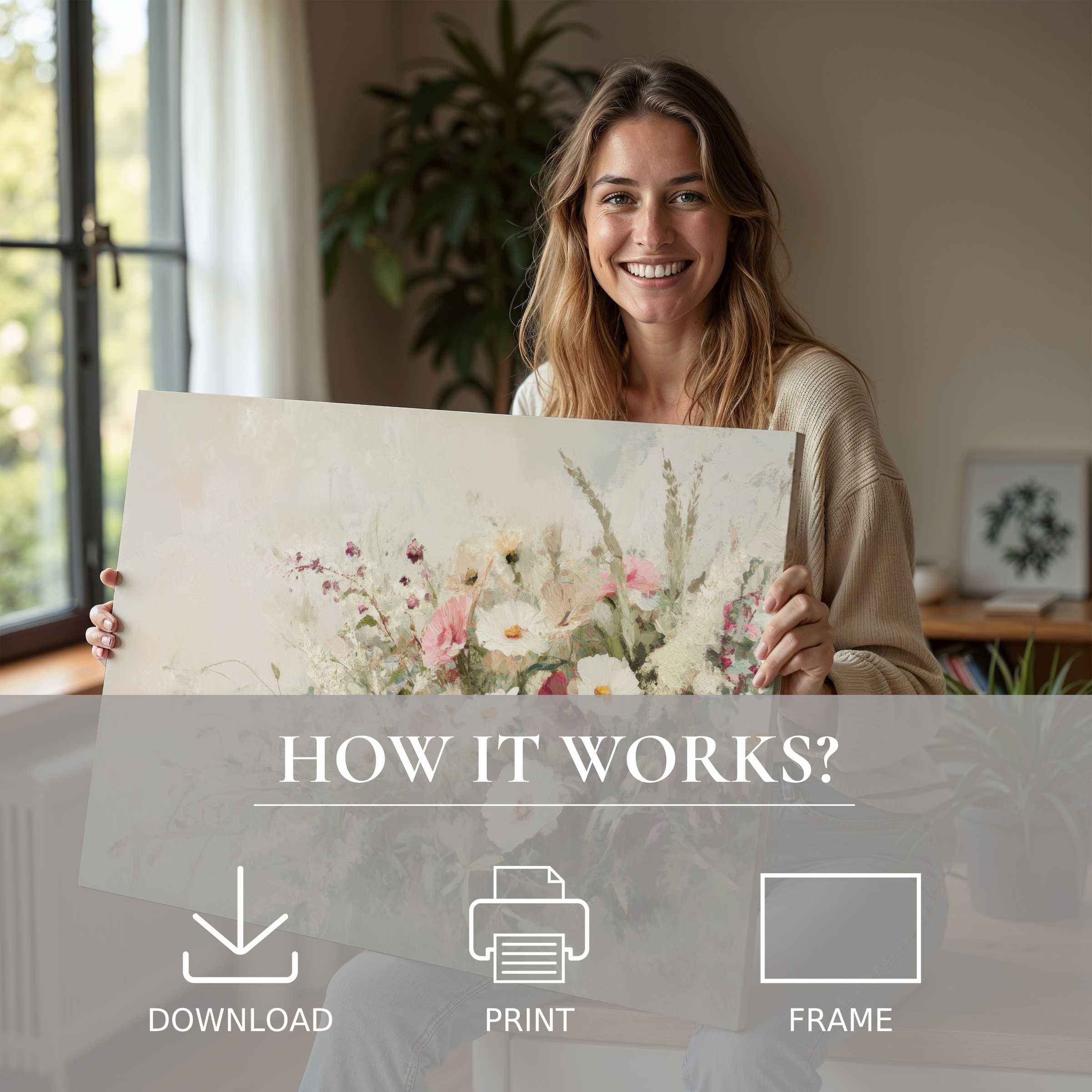 Refined farmhouse digital art print radiates warmth and joy in a modern home, effortlessly bringing serene beauty to everyday living