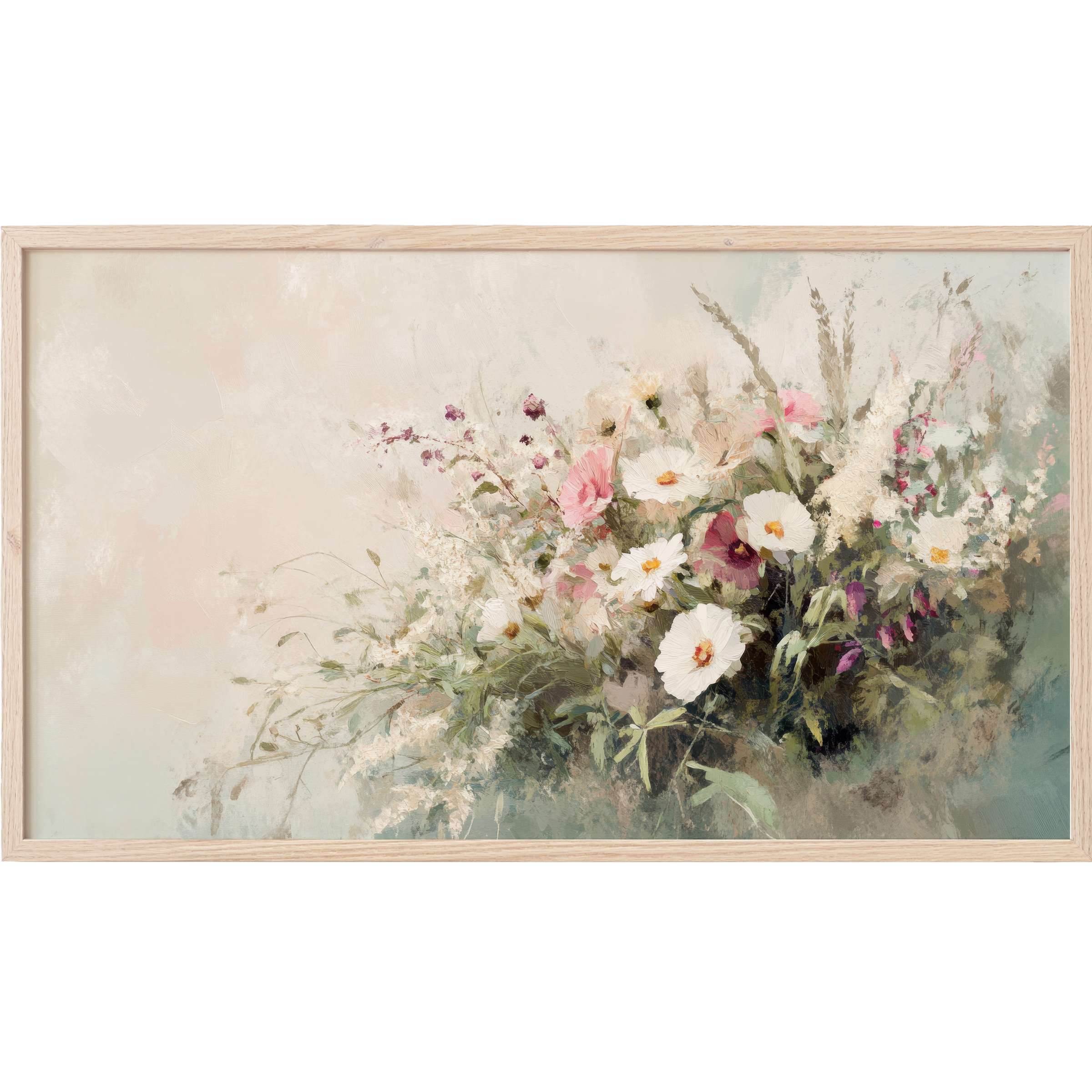 Elegant floral bouquet in soft pastels with textured brushstrokes, framed naturally - Farmhouse Frame TV Art