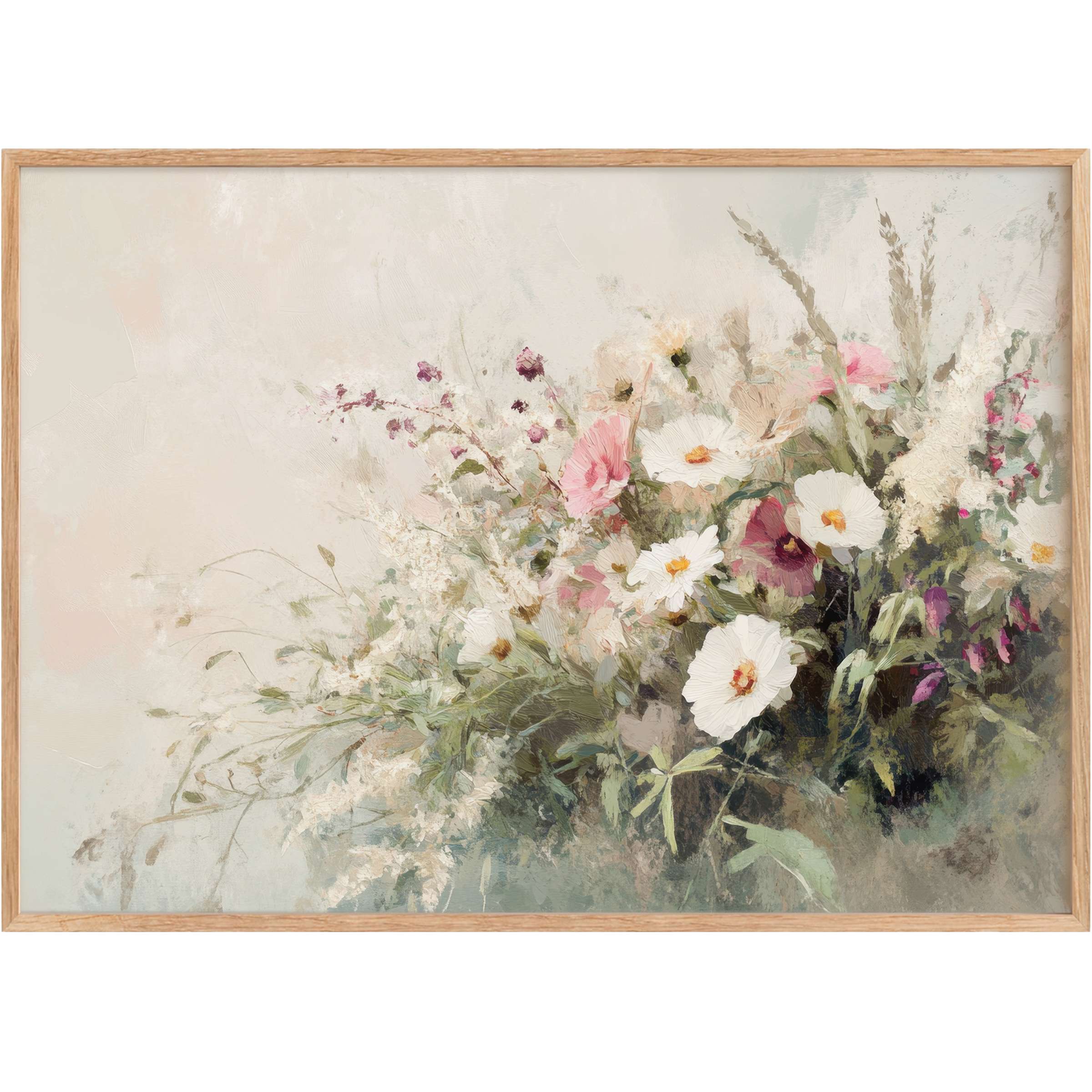 Elegant farmhouse printable wall art featuring soft white and pink blooms, evoking a serene, timeless rustic charm