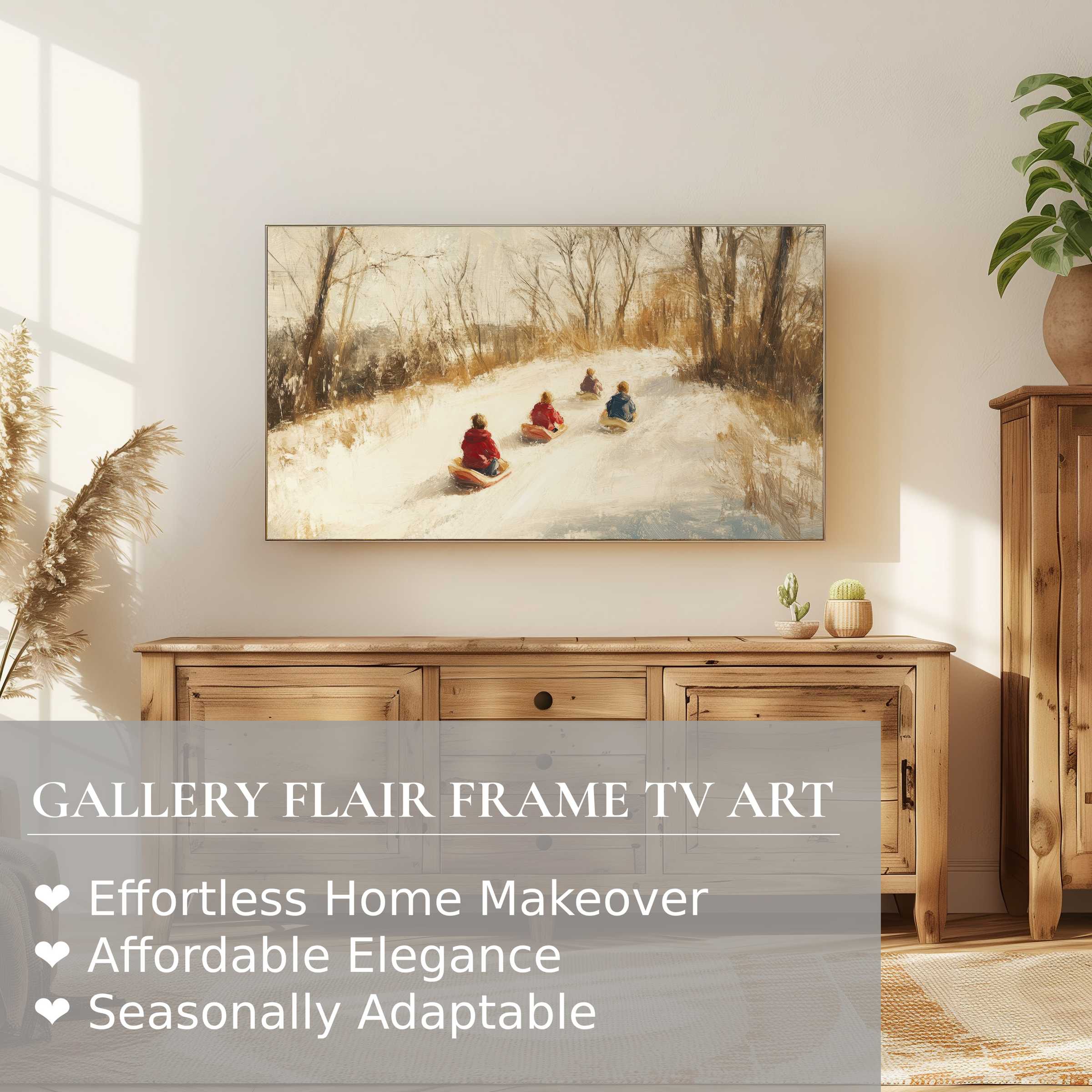 Samsung Frame TV showcasing winter digital artwork of sledding children in a warm, natural wood setting