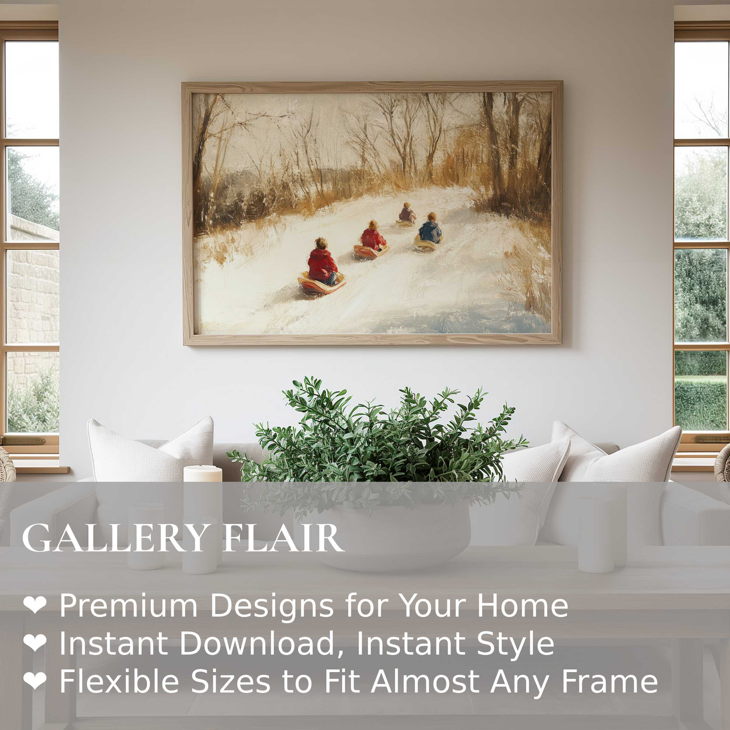 Winter wall art print capturing a serene snowy landscape with children sledding, evoking nostalgic warmth in modern minimalist interiors