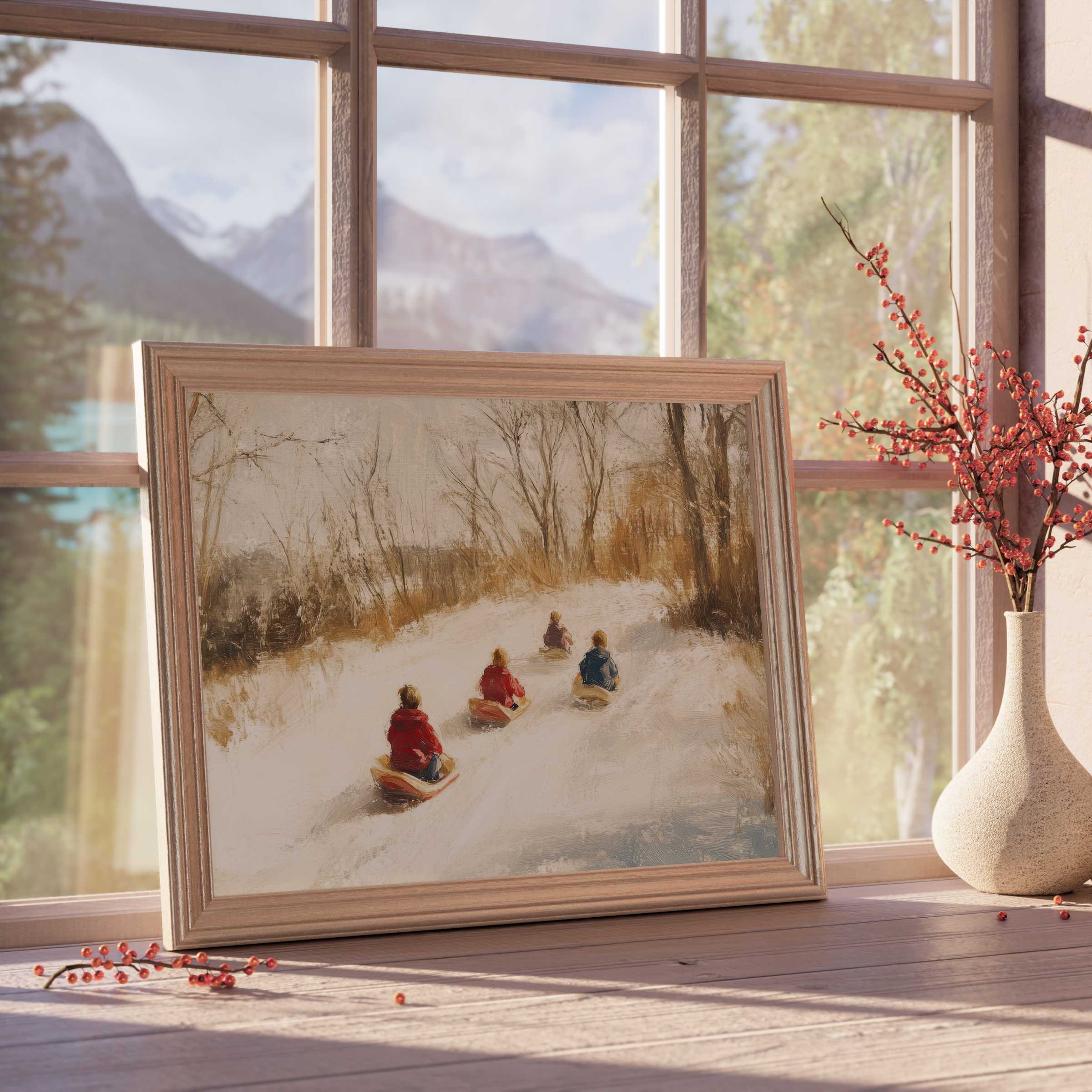 Winter downloadable art capturing serene sledding scenes in soft, warm hues, enriching curated, tranquil, design-forward interiors