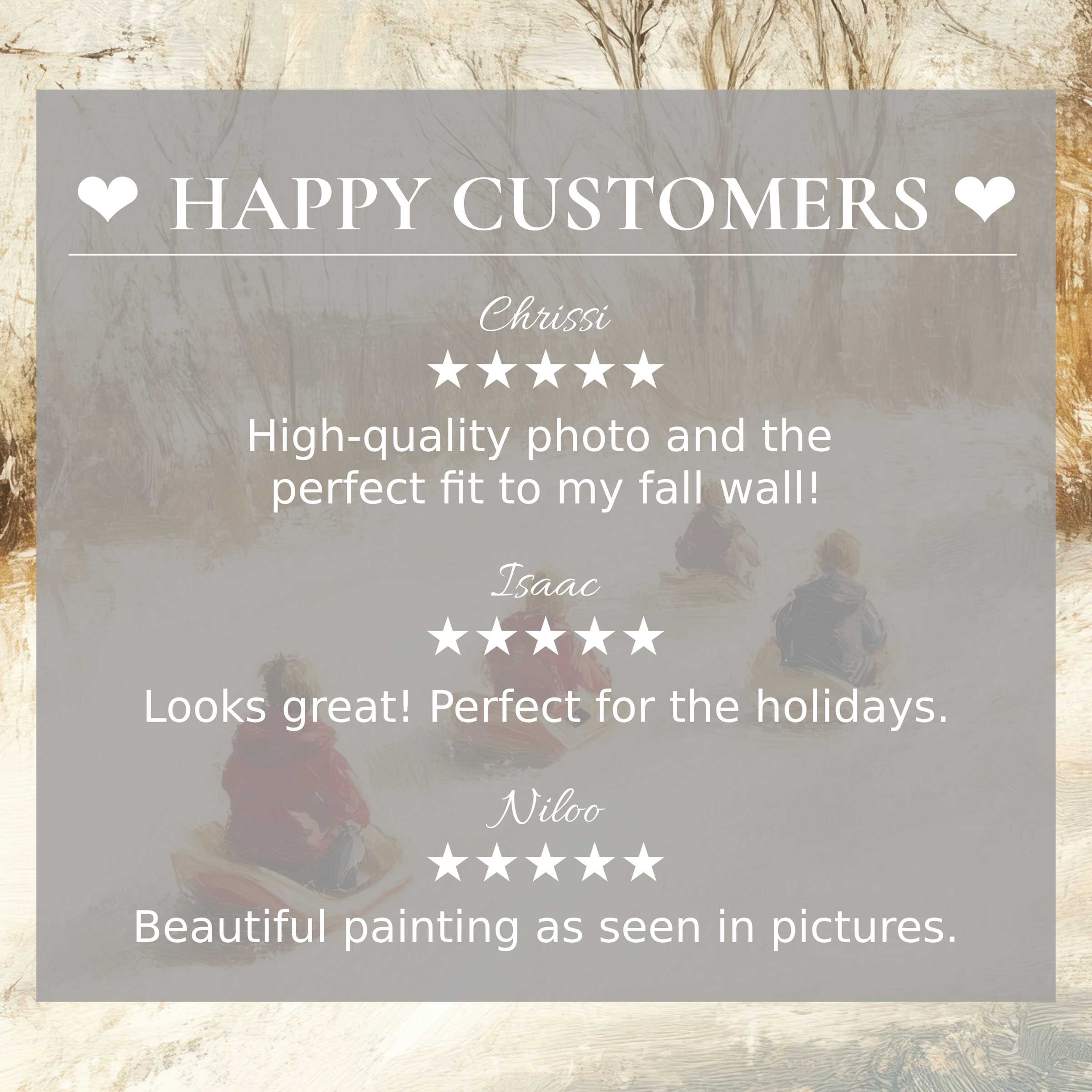 Winter art for Frame TV with abstract muted landscape background, happy customer reviews build trust and showcase elegance