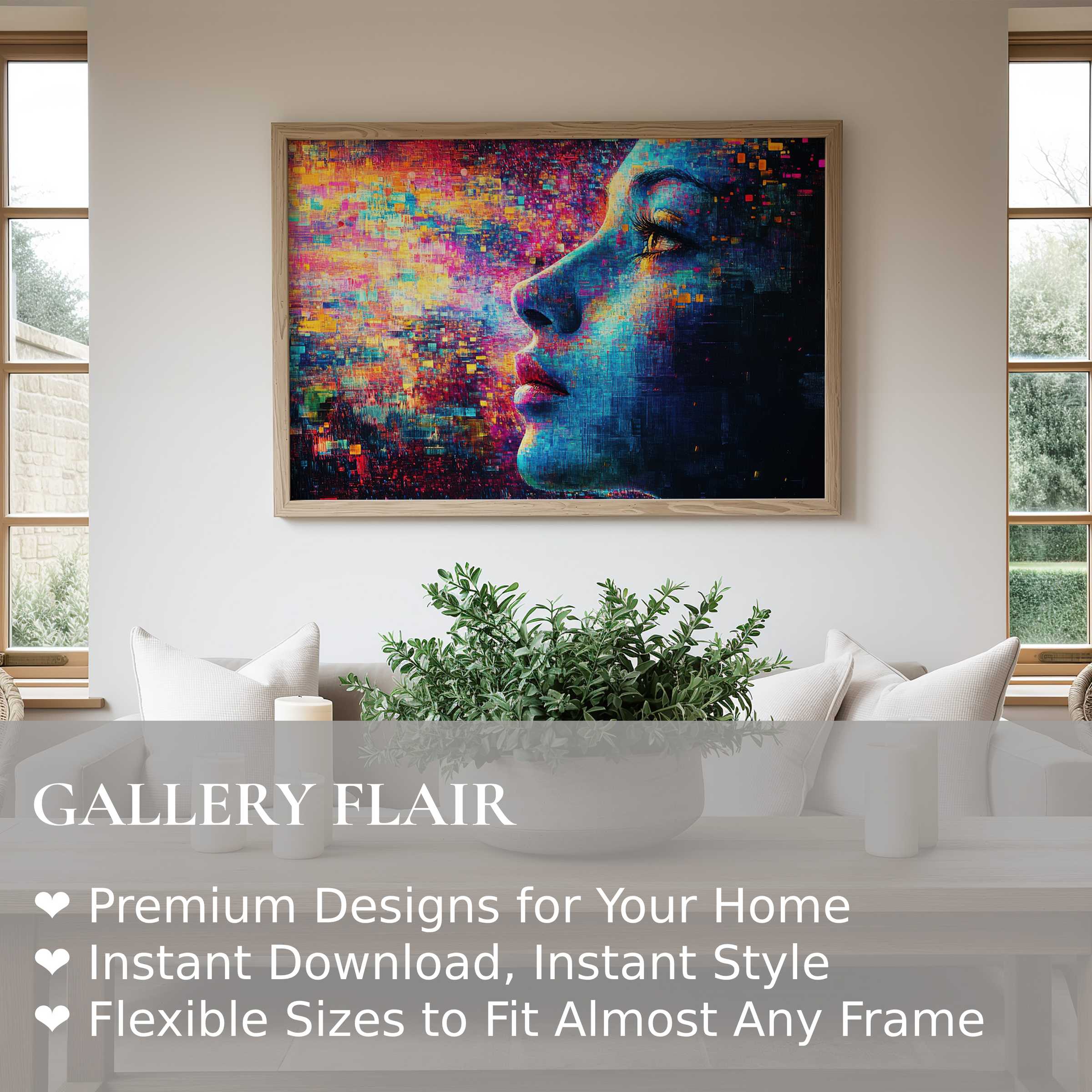 Modern wall art print featuring a radiant, abstract female profile in vibrant blues and warm hues, elevating contemporary living spaces with bold, expressive energy