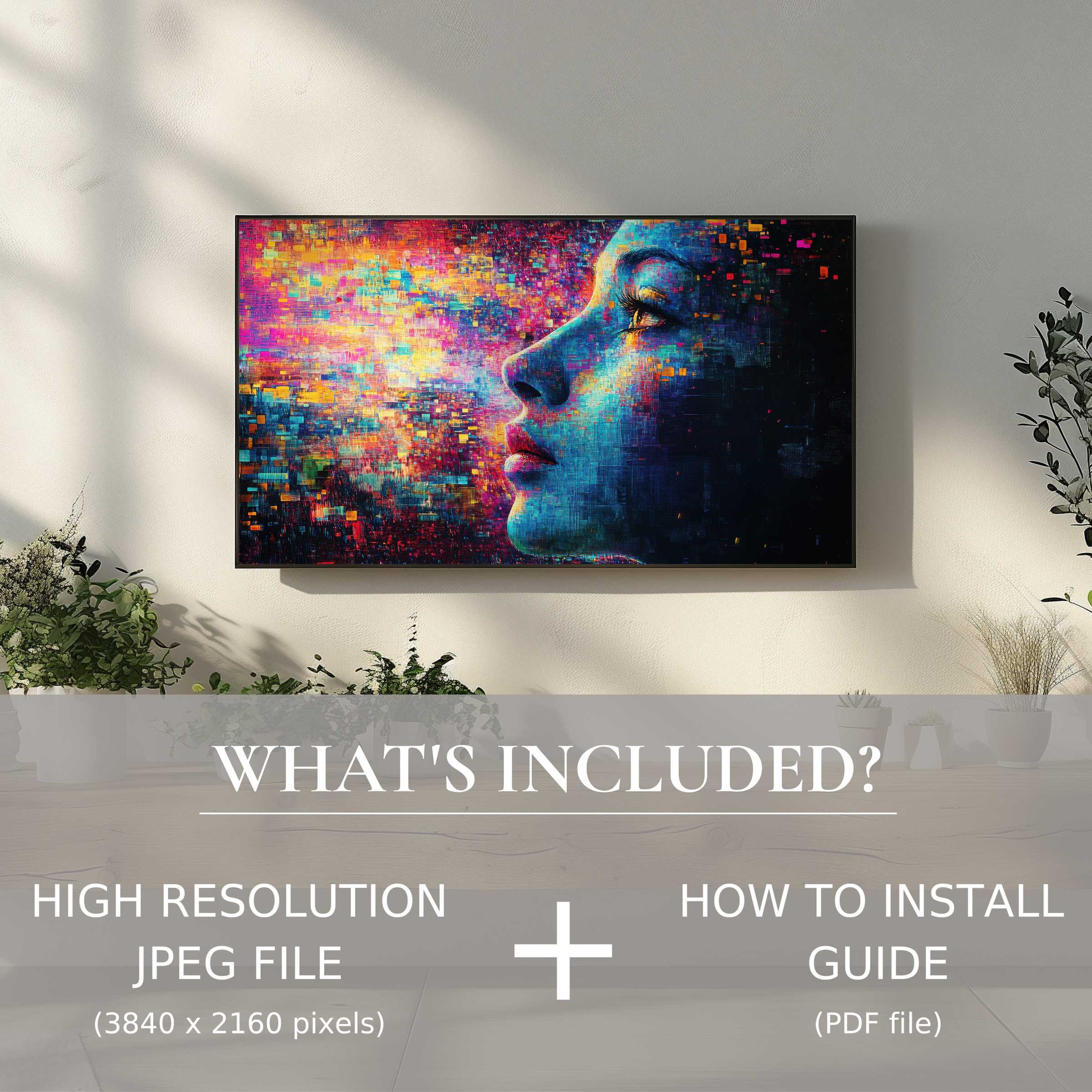 Elegant modern digital TV art download features vibrant, detailed portrait enhancing stylish living space with easy digital use