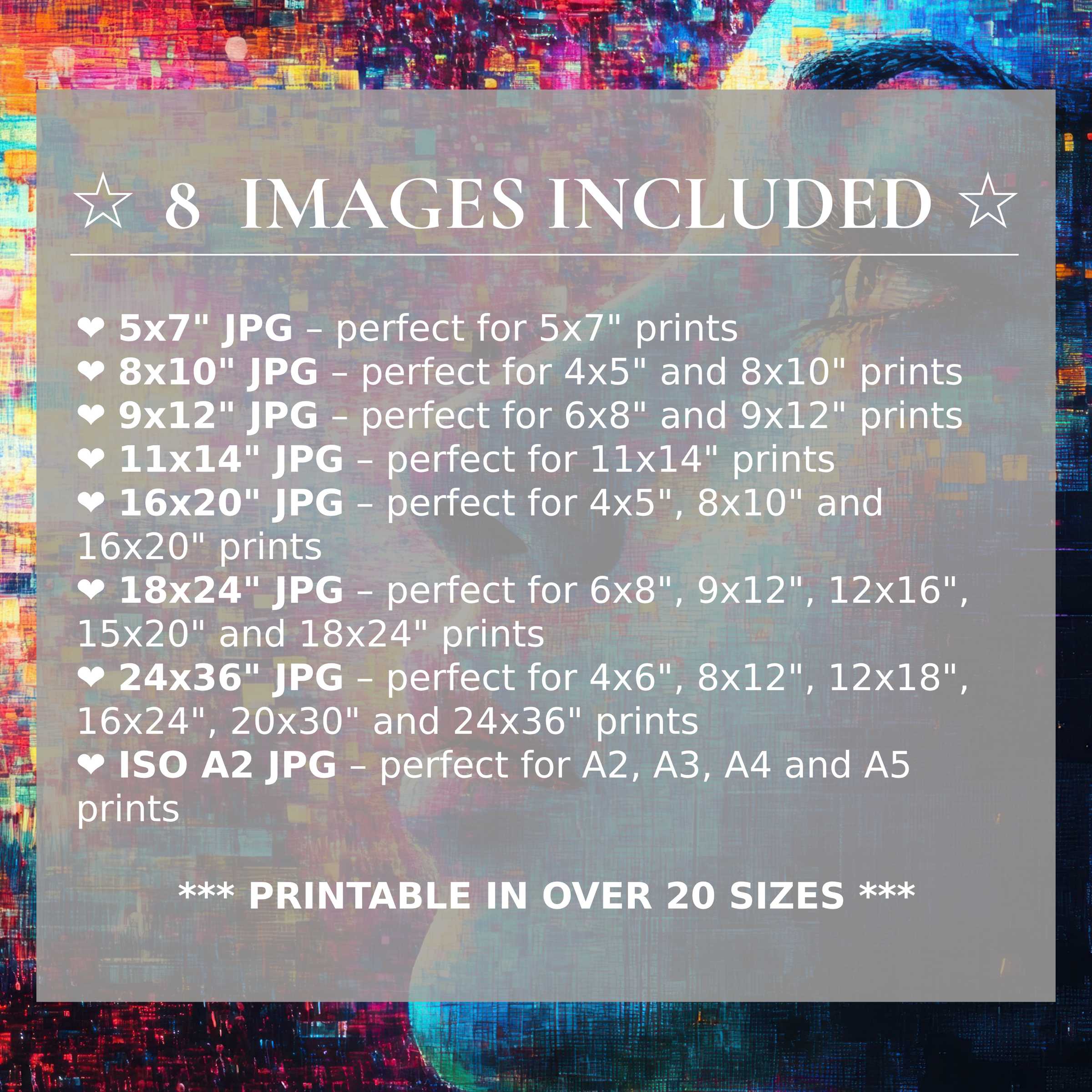 Vibrant modern digital print in radiant reds, blues, and golds, delivering bold sophistication and warmth to luxe interiors; includes 8 high-quality sizes for effortless style and flexibility