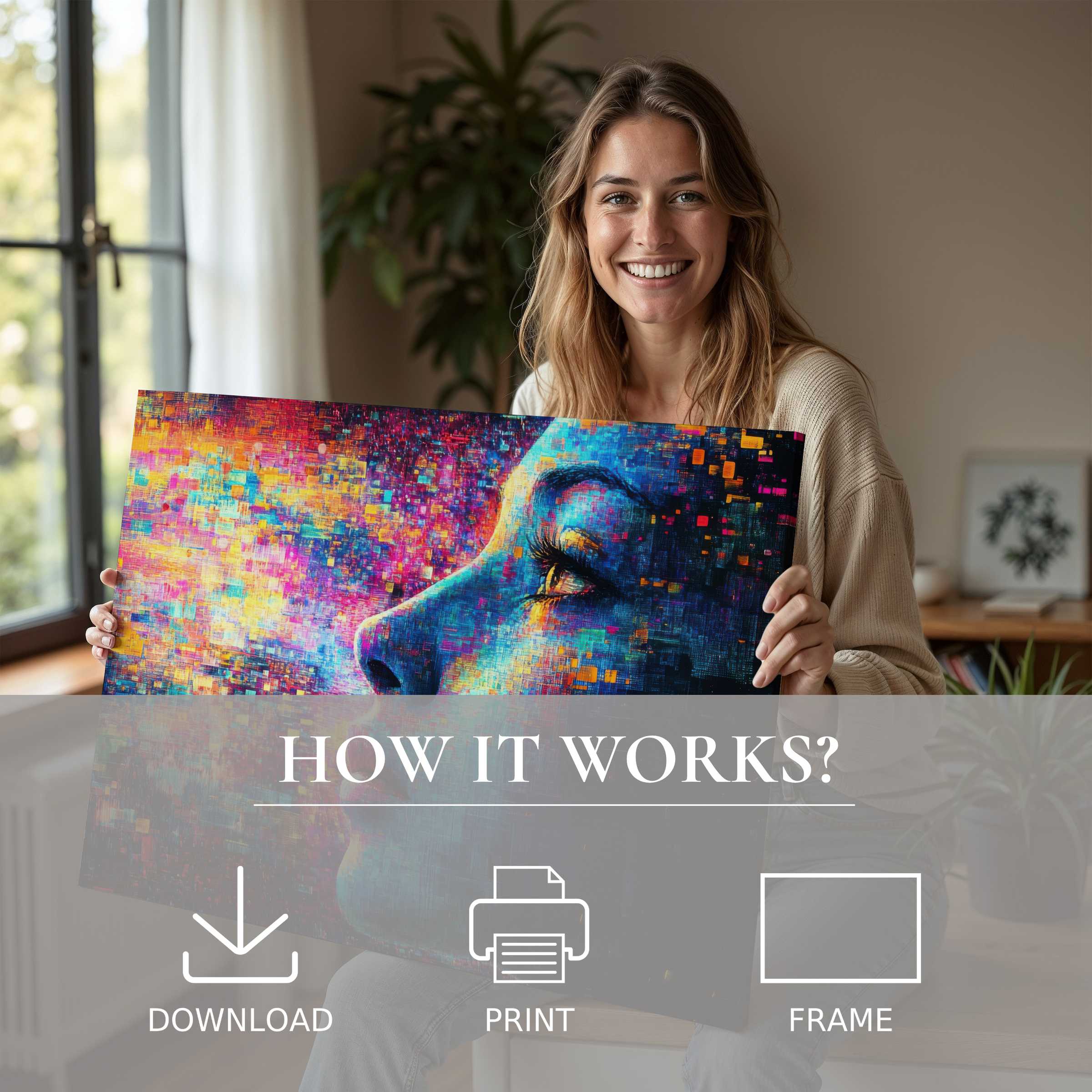 Joyful woman in a stylish modern home embracing a vibrant, abstract modern digital art print that enlivens her space