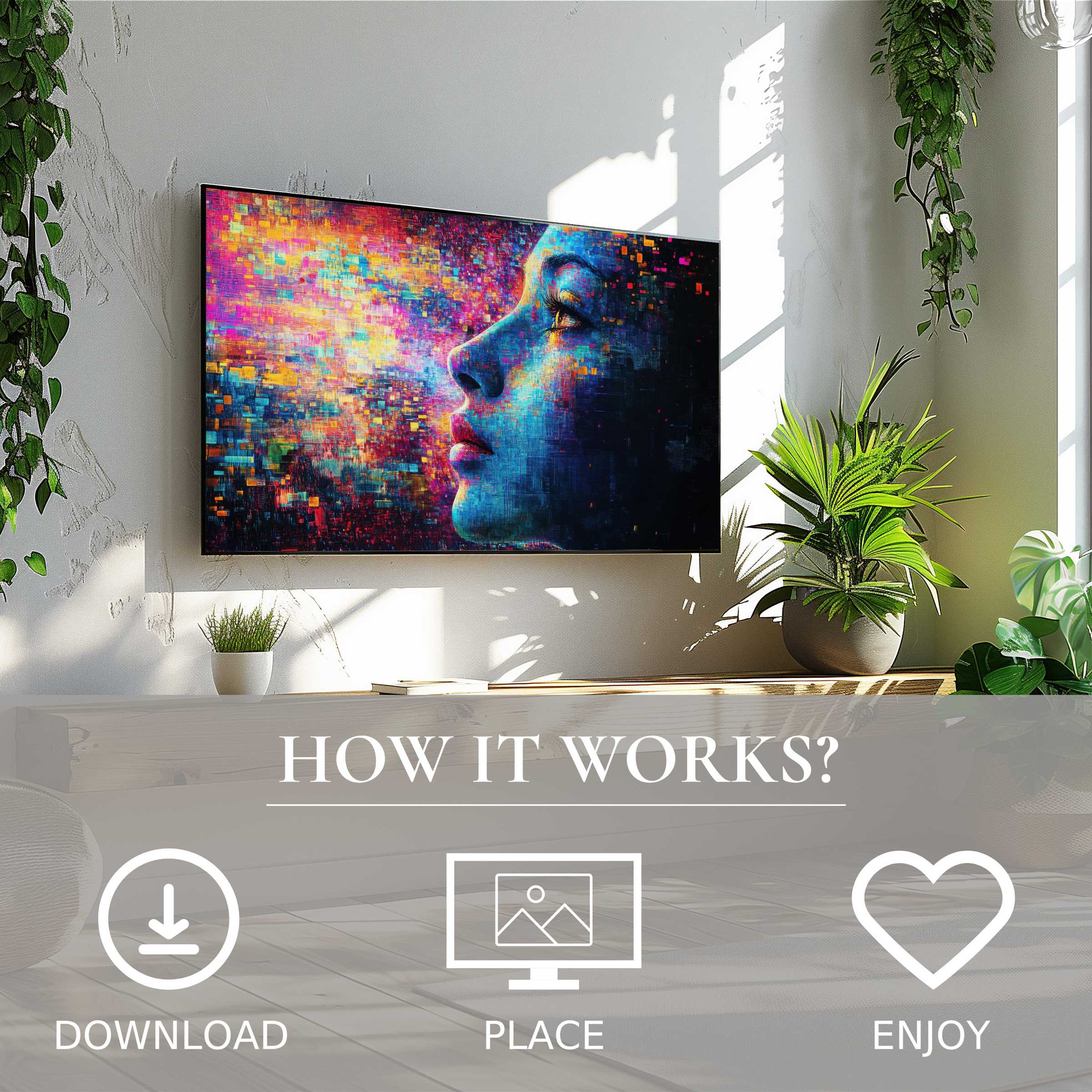 Modern art for Samsung TV shows vibrant digital face profile, easy download, enriching living spaces with bold color flow