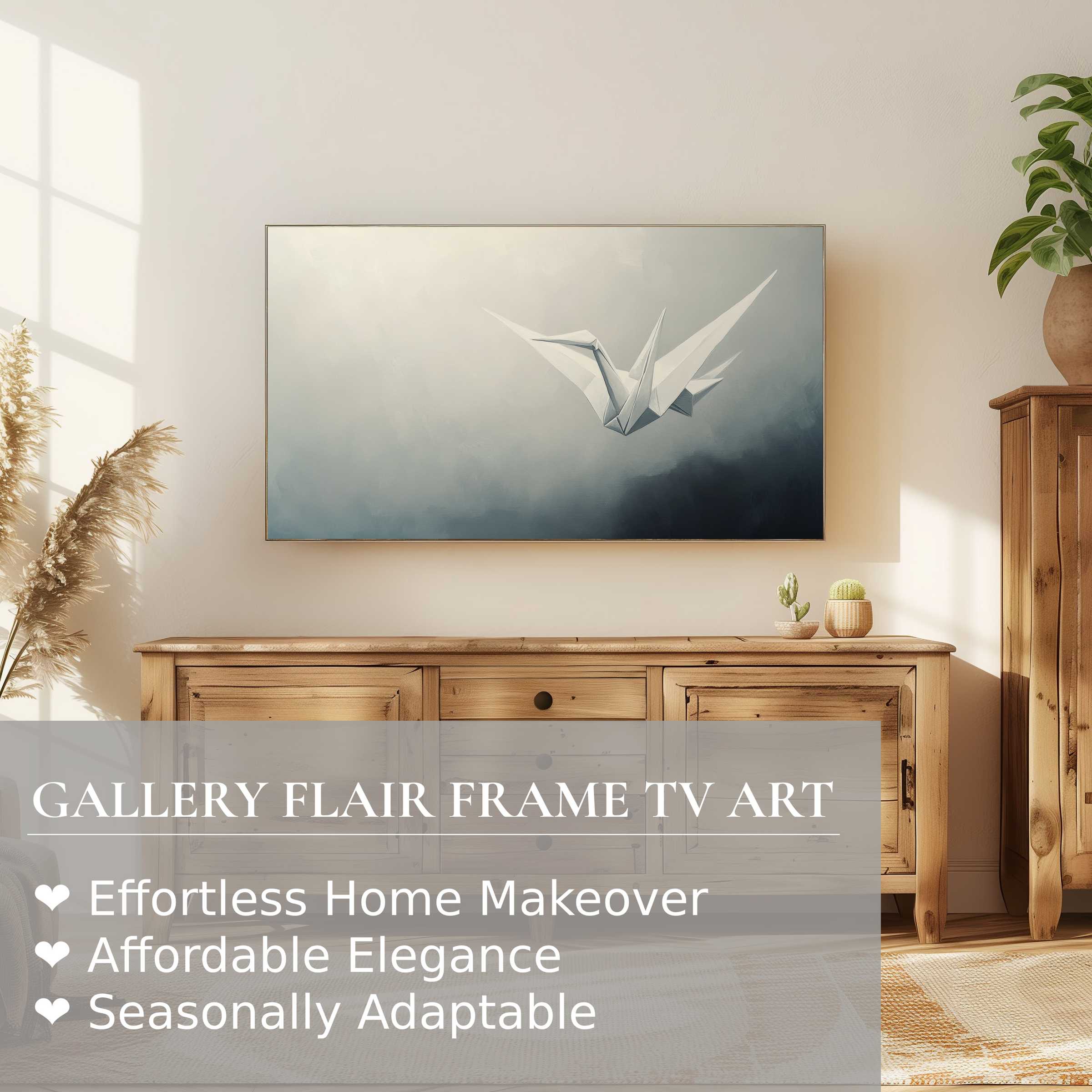 Minimalist digital artwork of an origami crane on Samsung Frame TV in a warm, refined living space with natural wood