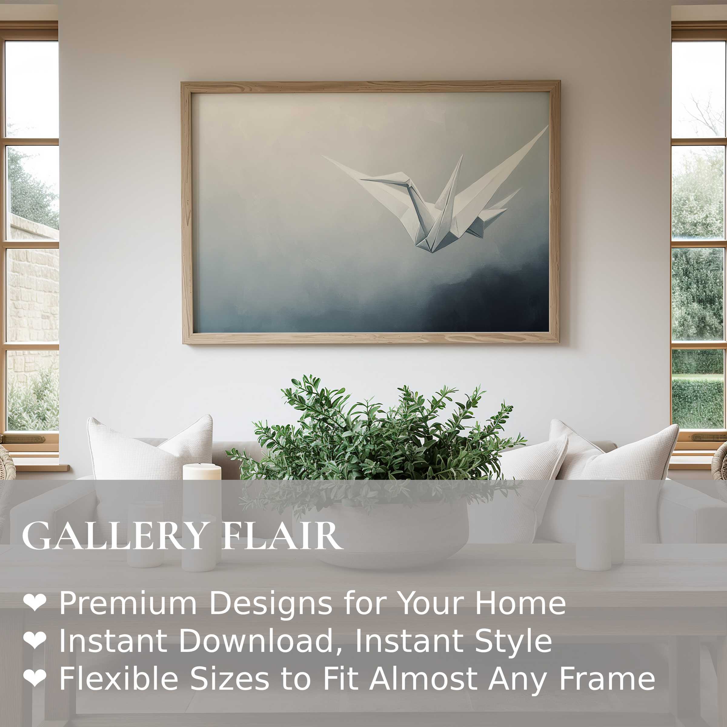Minimalist wall art print featuring a serene origami crane in soft gradients, enhancing modern, cozy living spaces with calming elegance
