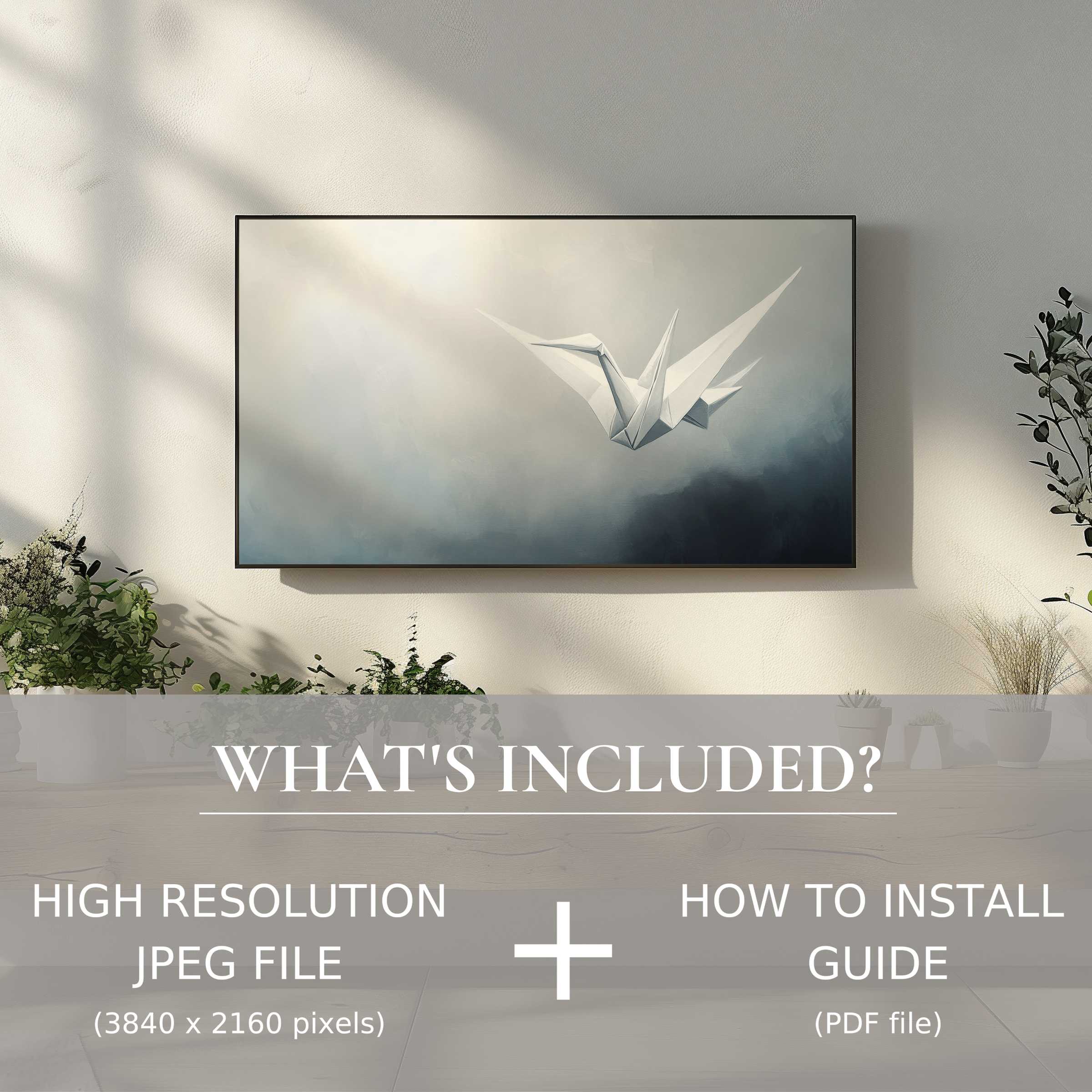 Minimalist digital TV art download of serene origami bird, easily enhancing your stylish modern living space