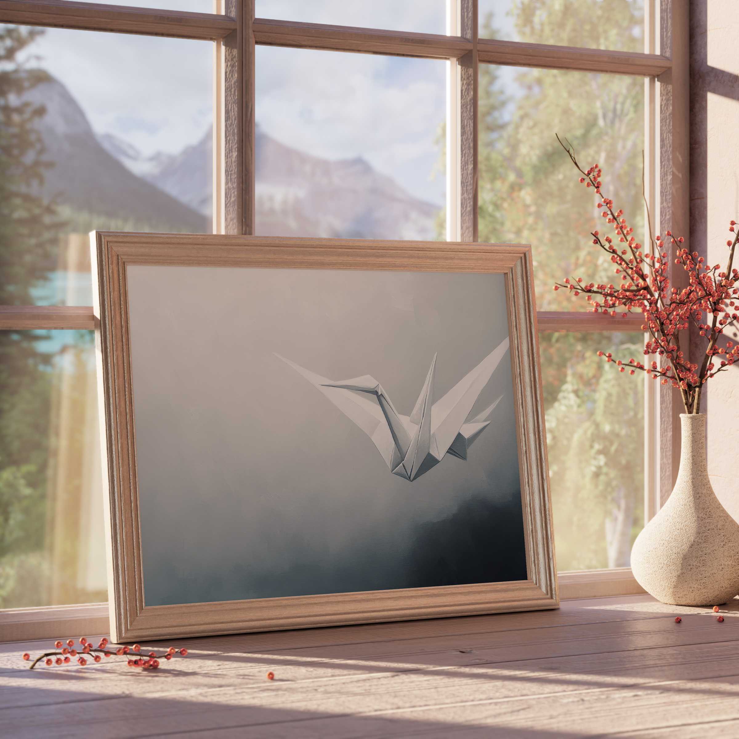 Minimalist downloadable art capturing serene origami elegance with soft wood frame, perfect for tranquil, design-forward interiors