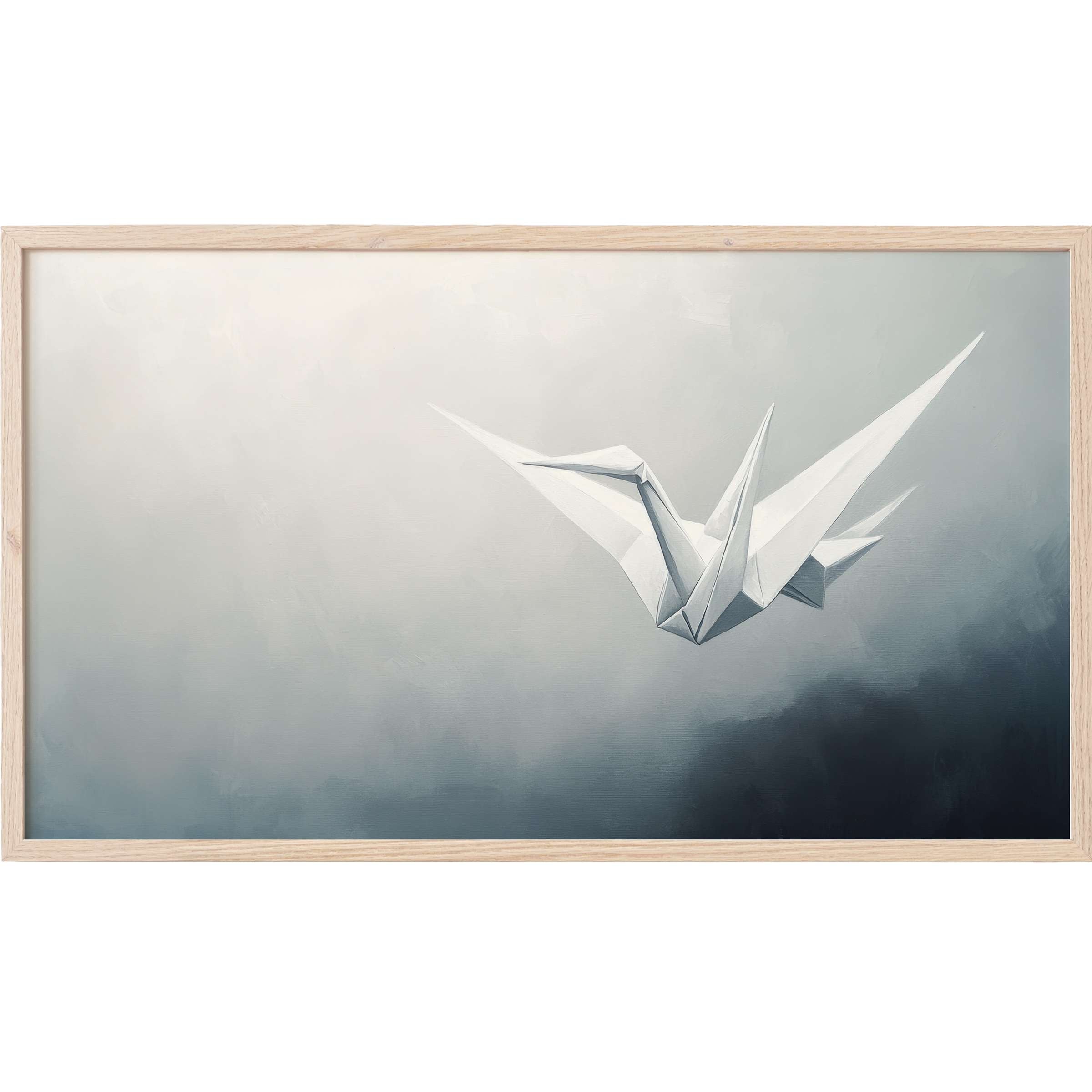 Minimalist Frame TV Art featuring a serene white origami crane against a soft gray gradient background